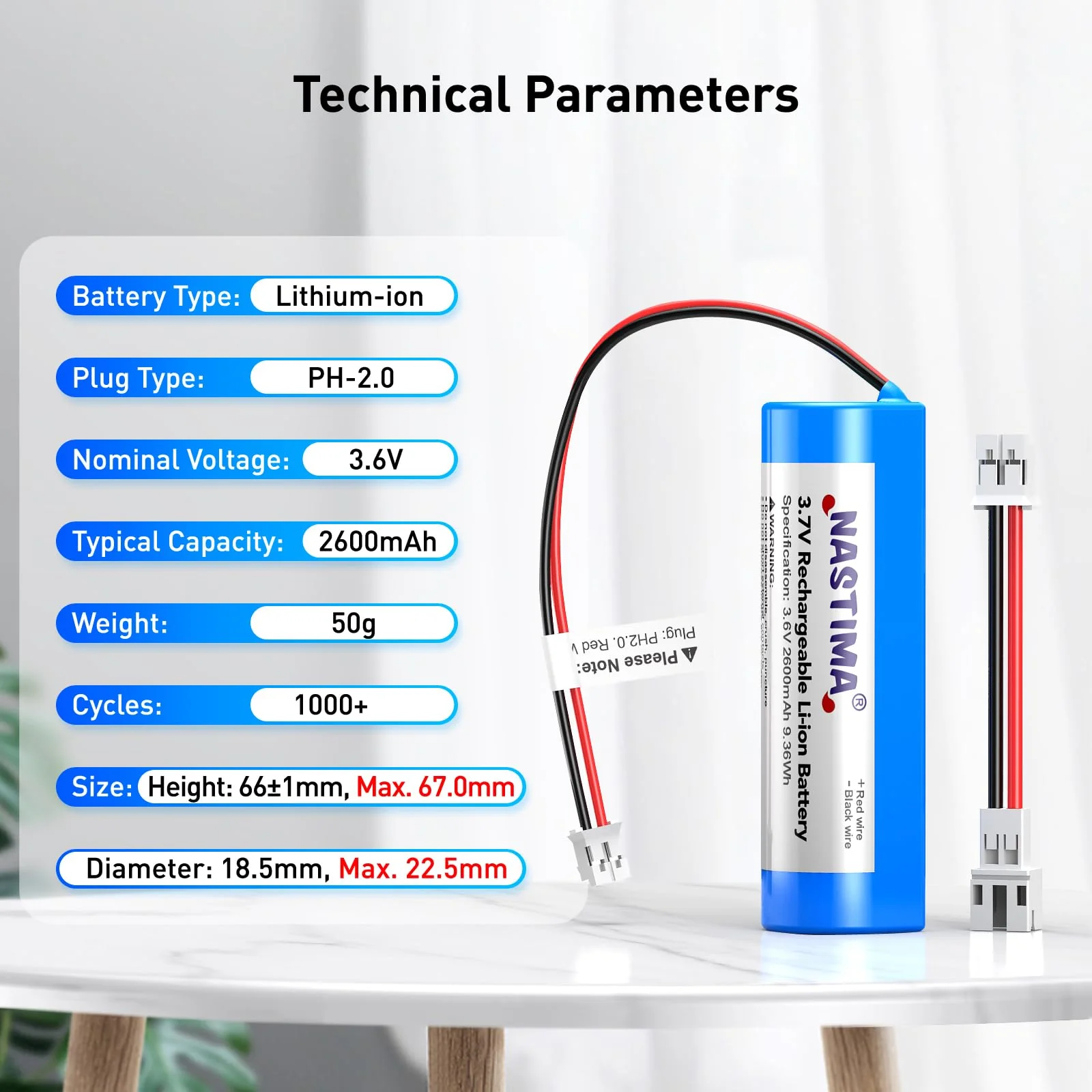 NASTIMA PH2.0/2P Stecker 3,7V 2600mAh 9,36Wh Wiederaufladbare Li-Ion Batterie für DIY Elektronik, Sprachverstärker, RC Spielzeug, Bluetooth Geräte, Beleuchtung, mit Polaritätsumwandlungskabel - Image 5