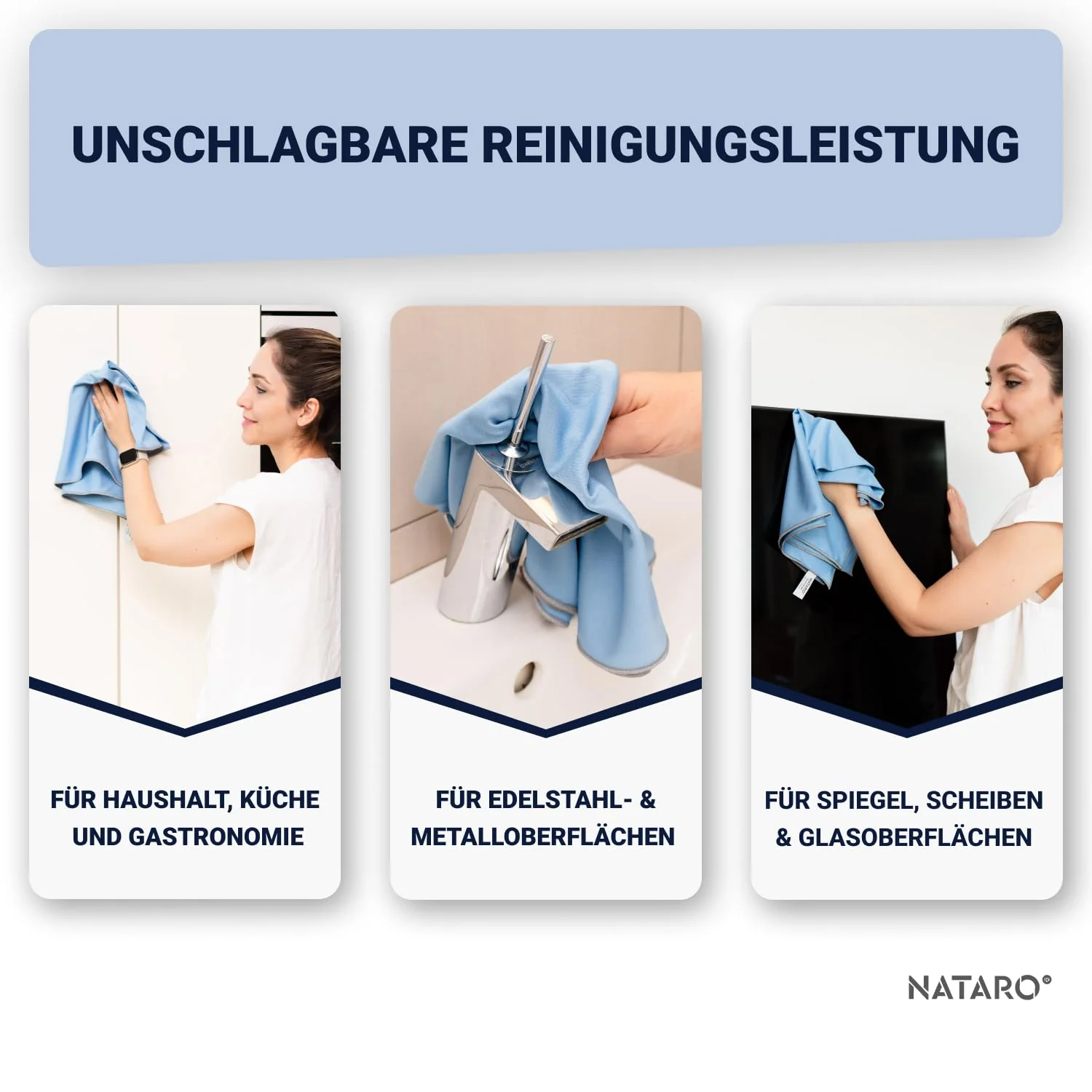 NATARO® 3 Stück Glanzzauber Microfaser Glaspoliertuch – Spiegeltuch – Made in Austria – 100% fusselfreies Poliertuch für Glas, Hochglanzoberflächen, streifenfrei, Mikrofaser, ca.48x68cm - Image 2