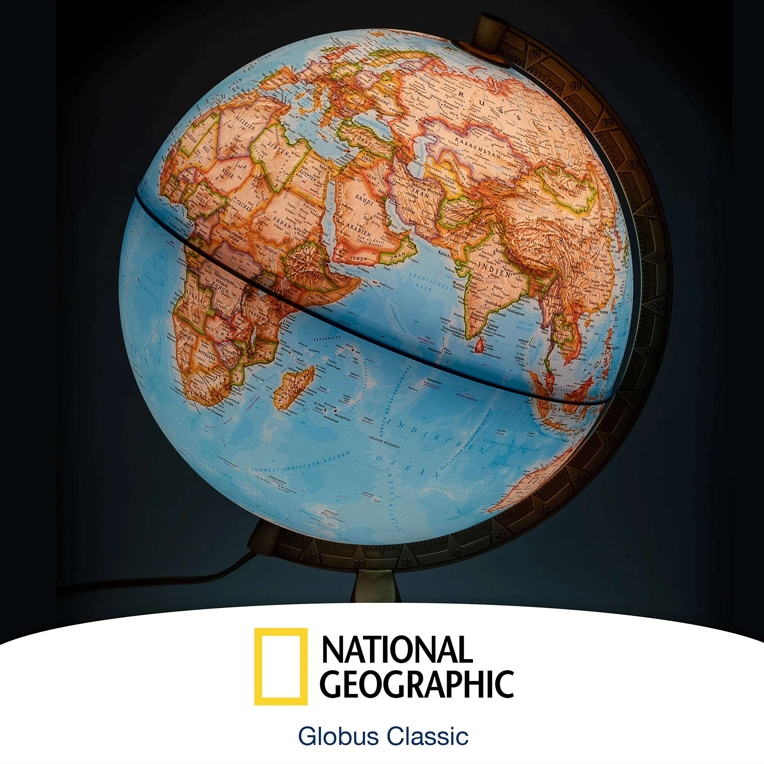 National Geographic - Leuchtglobus im klassischen Stil - 30cm Globus mit stabilem Standfuß und Metall Meridian, Kartenbild 2025 physikalisch/politisch mit LED Leuchte, aktuelles deutsches Kartenbild - Image 6