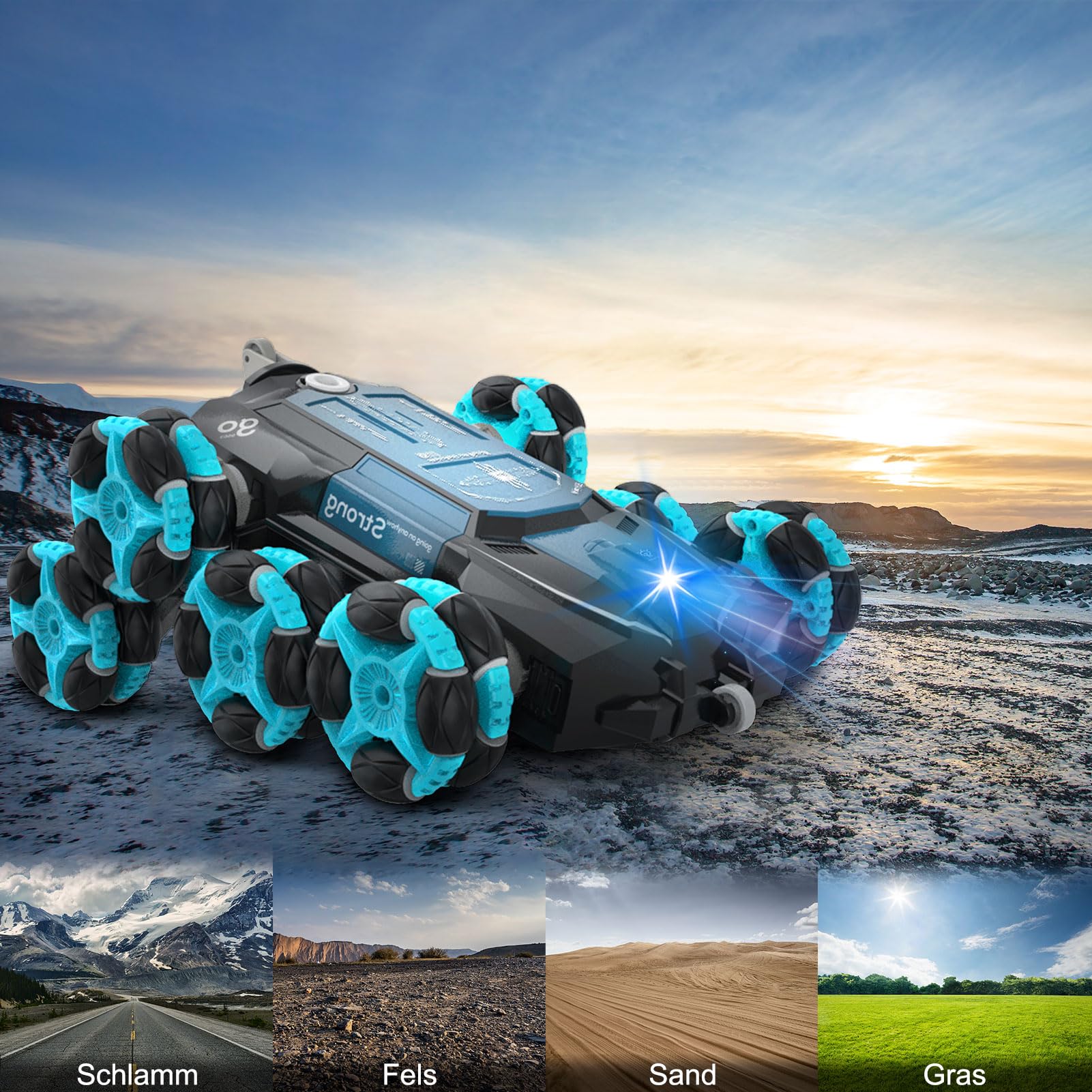 Nauotk Ferngesteuertes Auto, 2,4 GHz Ferngesteuerter RC Auto ab 6 7 8 9 10 11 12 Jahre, 8WD Stunt Drift Car mit Gestensensor, Coole Lichter und Sprühnebel, 2 Akku Spielzeug, Kinder Roboter-Blau - Image 3