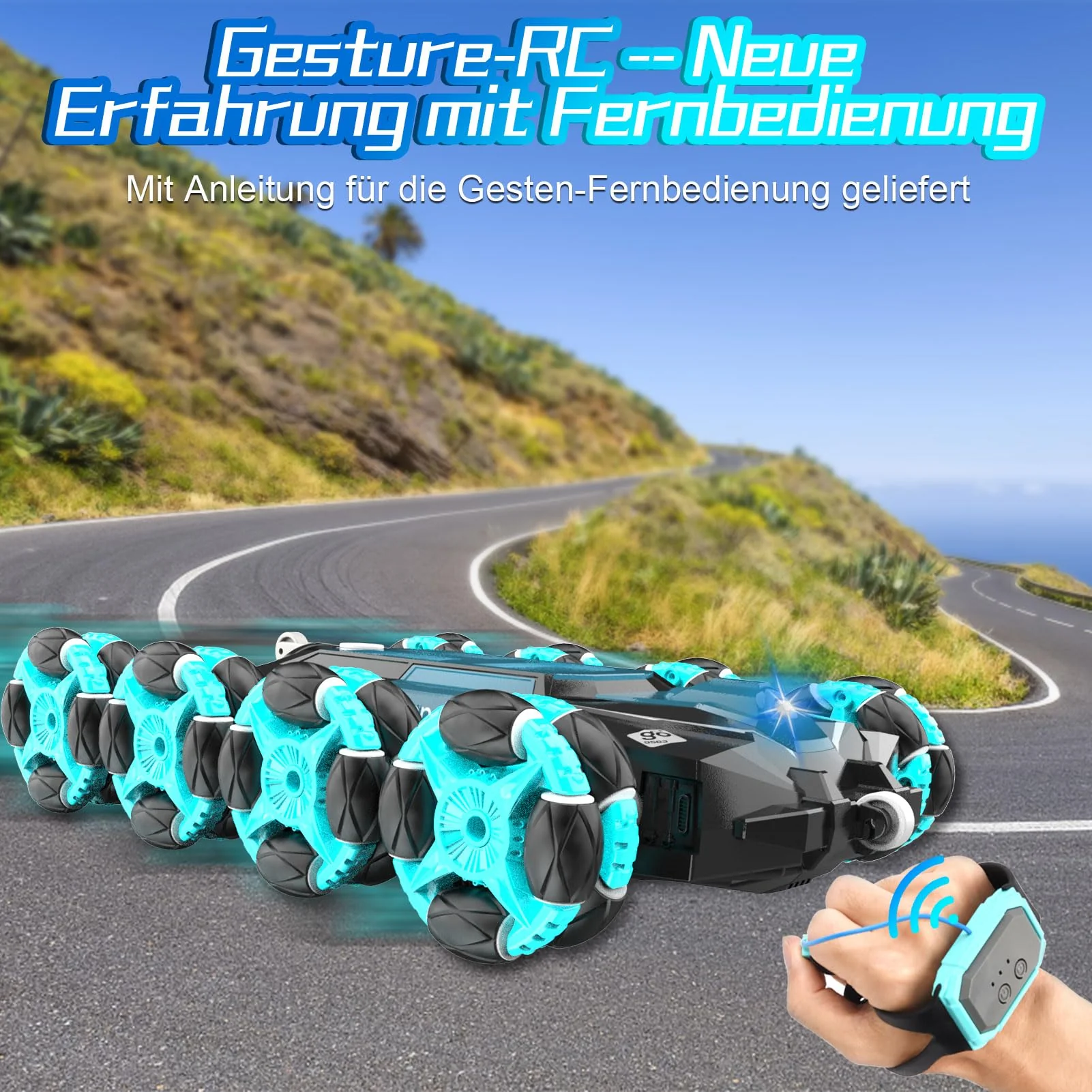 Nauotk Ferngesteuertes Auto, 2,4 GHz Ferngesteuerter RC Auto ab 6 7 8 9 10 11 12 Jahre, 8WD Stunt Drift Car mit Gestensensor, Coole Lichter und Sprühnebel, 2 Akku Spielzeug, Kinder Roboter-Blau - Image 5