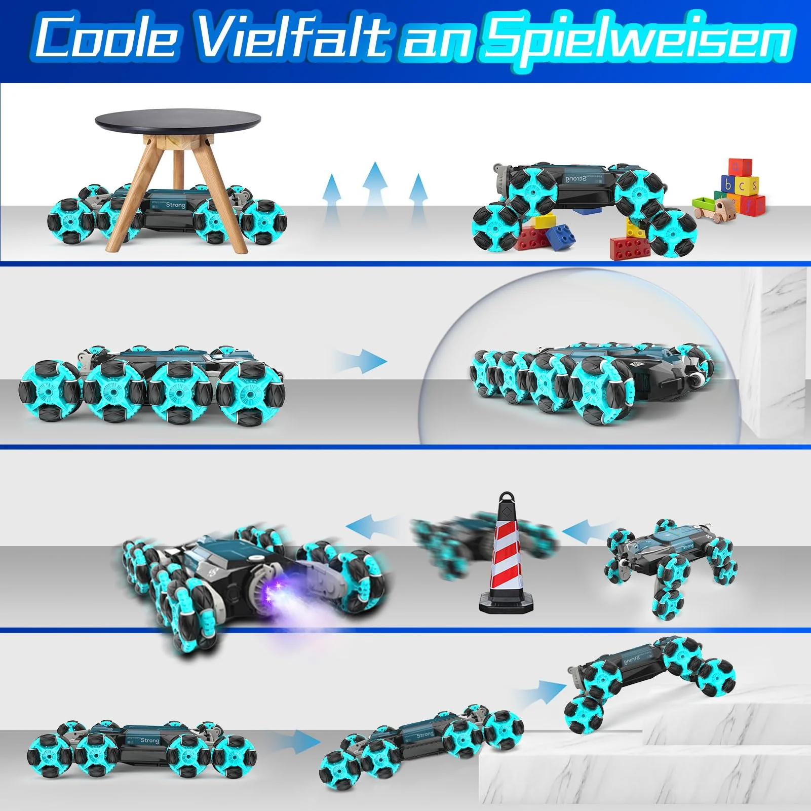 Nauotk Ferngesteuertes Auto, 2,4 GHz Ferngesteuerter RC Auto ab 6 7 8 9 10 11 12 Jahre, 8WD Stunt Drift Car mit Gestensensor, Coole Lichter und Sprühnebel, 2 Akku Spielzeug, Kinder Roboter-Blau - Image 6
