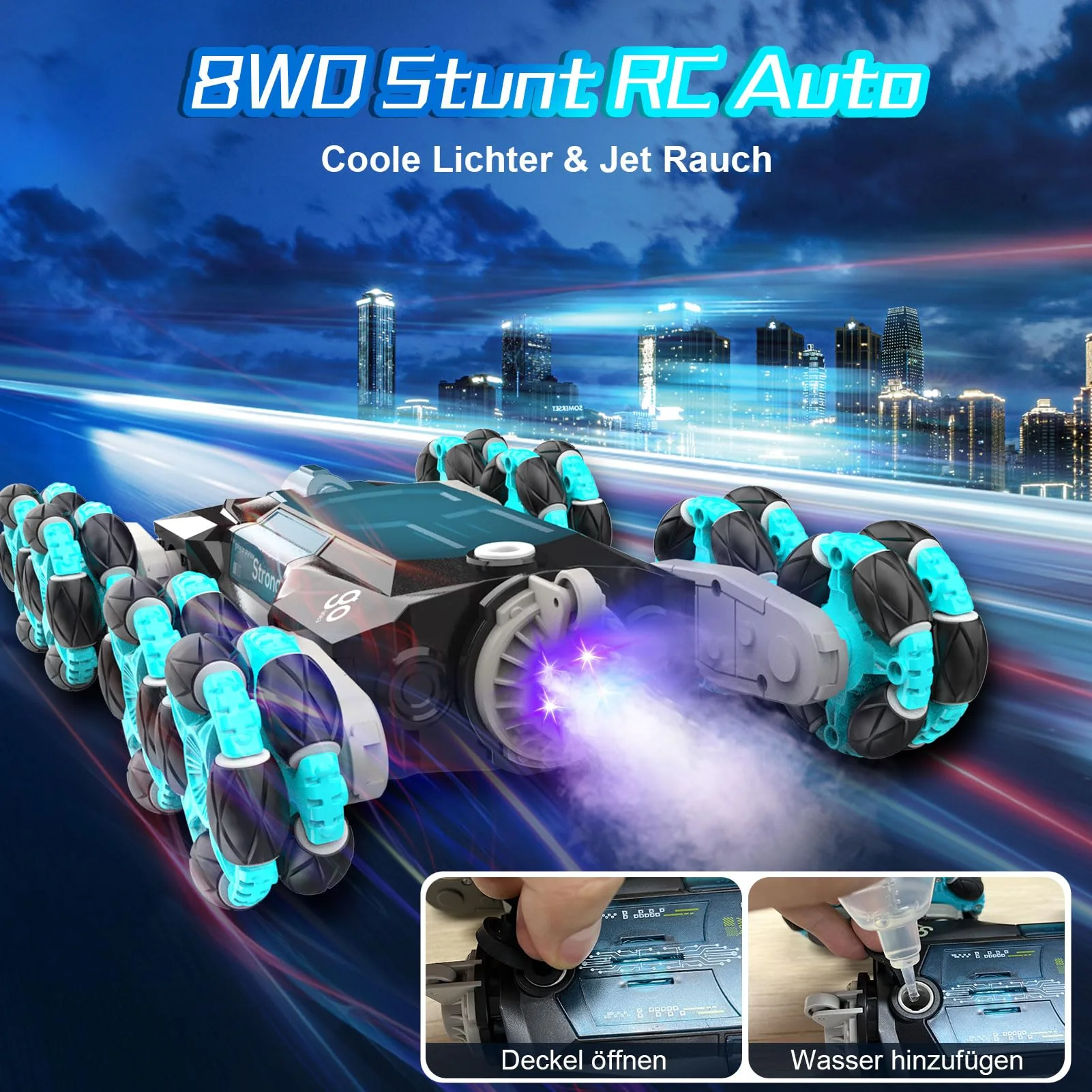 Nauotk Ferngesteuertes Auto, 2,4 GHz Ferngesteuerter RC Auto ab 6 7 8 9 10 11 12 Jahre, 8WD Stunt Drift Car mit Gestensensor, Coole Lichter und Sprühnebel, 2 Akku Spielzeug, Kinder Roboter-Blau - Image 7