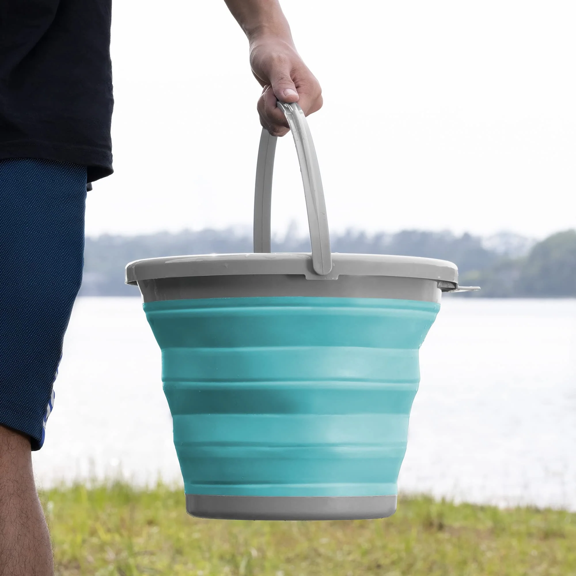 Navaris Falteimer Silikon Eimer faltbar - 5l Putzeimer Silikoneimer für Reinigung Camping Angeln Küche - 5 Liter Haushaltseimer in Blau Grau - Image 6
