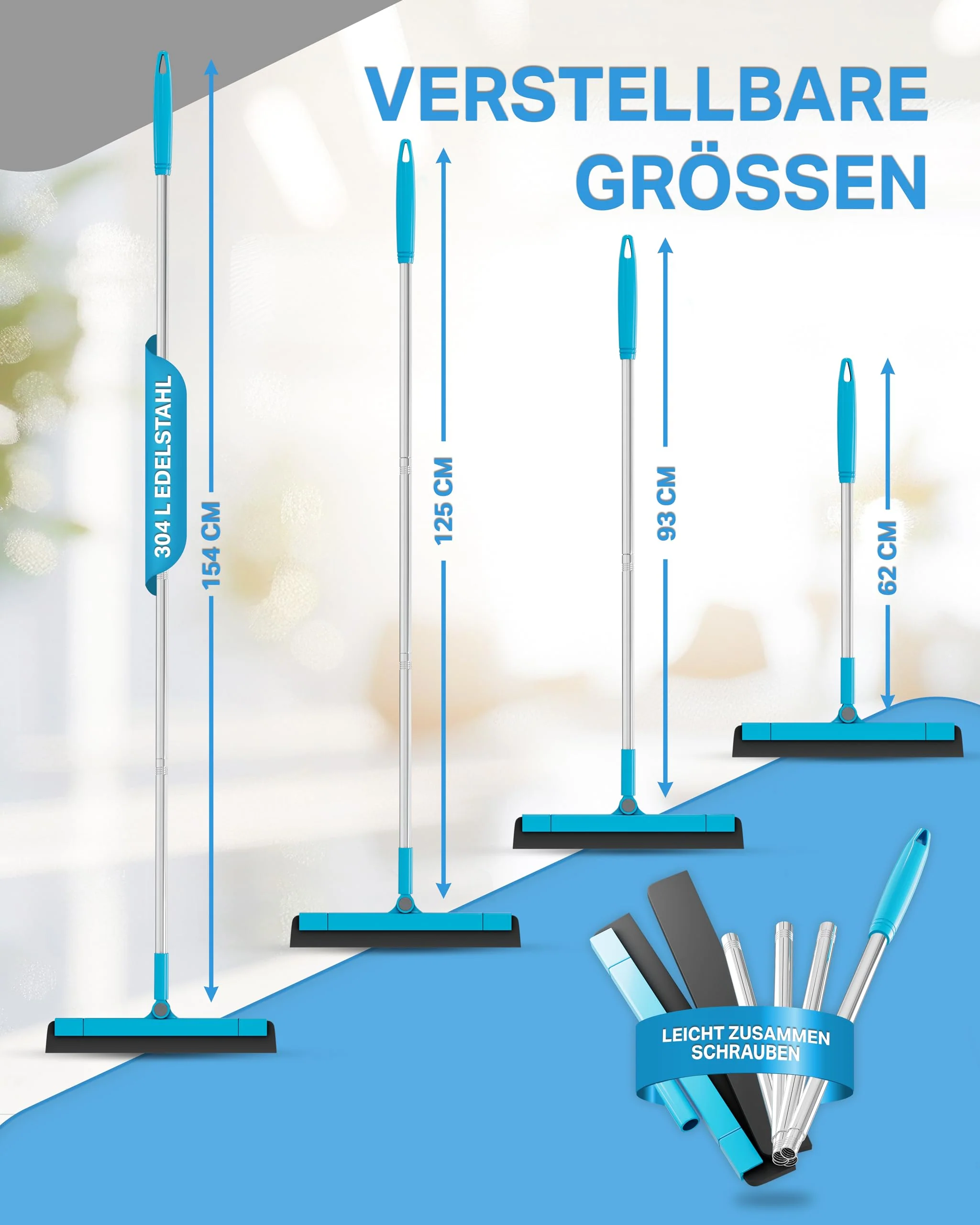 NAVIRA I Verstellbarer Wasserschieber (62 cm - 154 cm) I Ideal als Abzieher und Bodenabzieher alle Oberflächen I Beweglichkeit durch 180° Wischkopf I Extra langlebiger Wasserabzieher