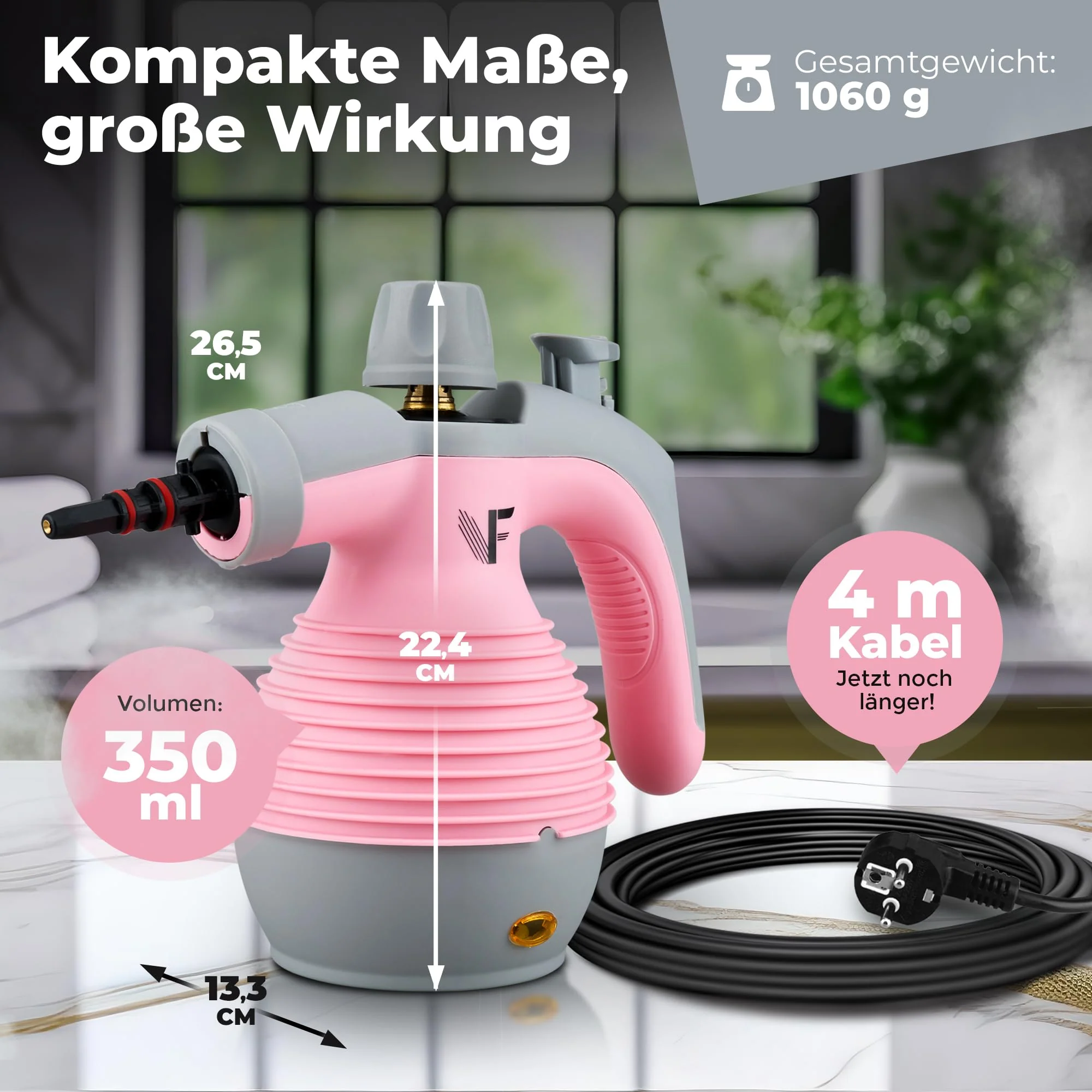 Neighbour's Friend® Handdampfreiniger in Rosa – Leistungsstarkes Dampfreiniger Handgerät I Dampfente mit 350ml Tank, Dampfregulierung & Aufsätzen für Haushalt, Fenster, Polstermöbel & mehr - Image 6