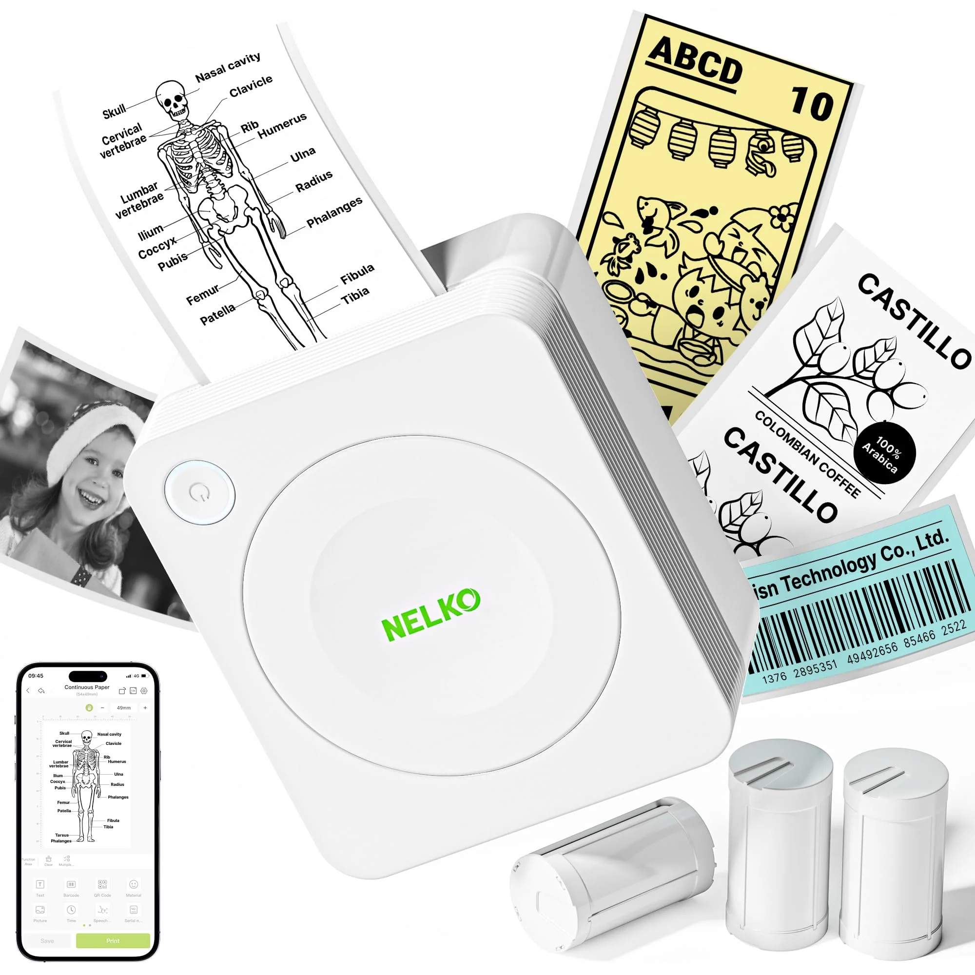 Nelko Mini Drucker PM230 Aufkleber Drucker Fotodrucker mit 3 Rollen Etiketten für Smartphone Thermodrucker Bluetooth Etikettendrucker für DIY Erstellung, Studiennotizen, (Weiß)