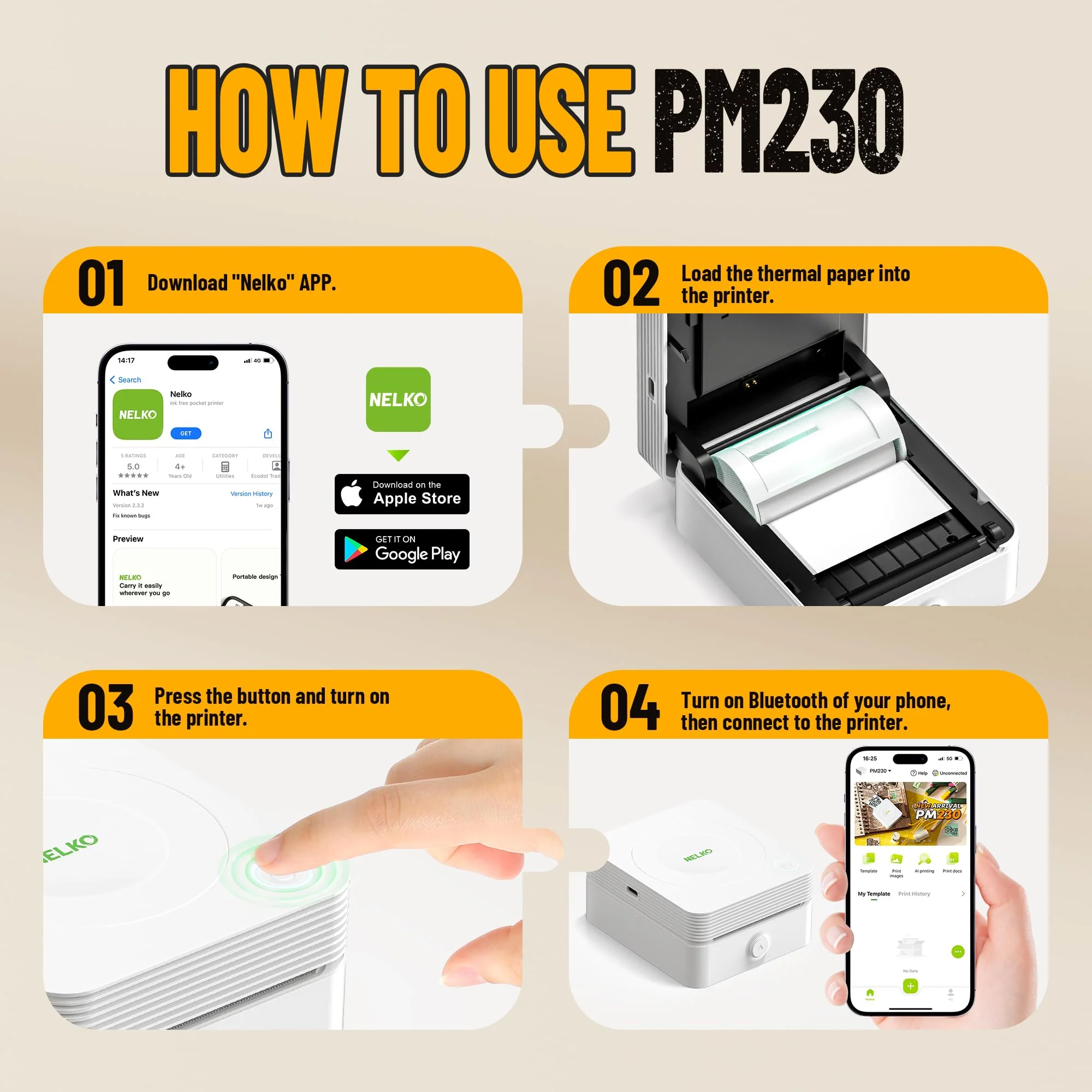 Nelko Mini Drucker PM230 Aufkleber Drucker Fotodrucker mit 3 Rollen Etiketten für Smartphone Thermodrucker Bluetooth Etikettendrucker für DIY Erstellung, Studiennotizen, (Weiß) - Image 2