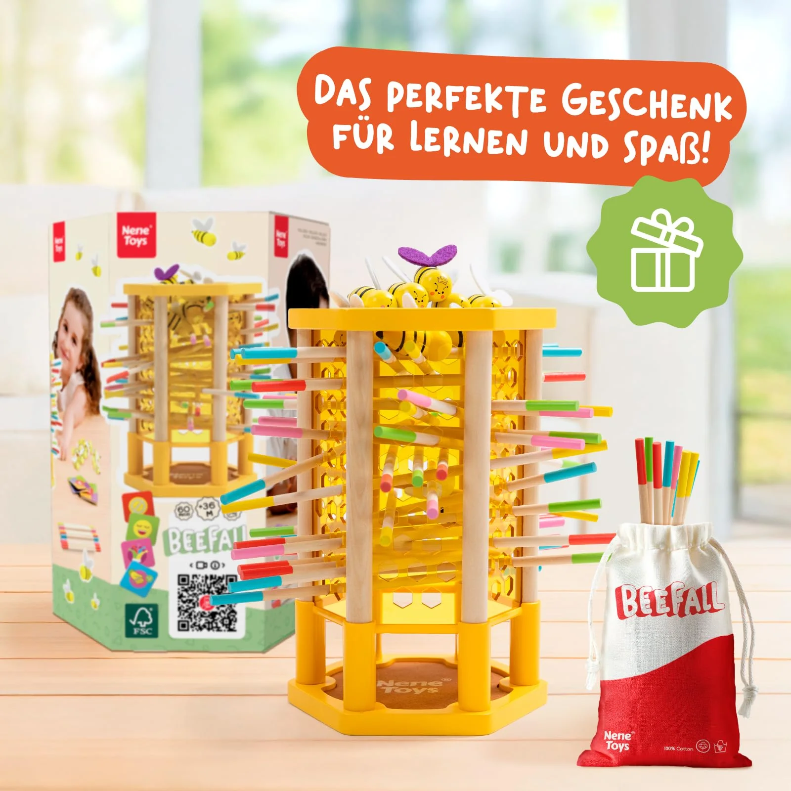 Nene Toys BEEFALL Groß, 4-in-1 Lernspiel mit Bienen, Montessori Spielzeug ab 3 Jahren mit bunten Stäben, Würfeln & Karten - Holzspiel für Jungen & Mädchen 3-9 Jahre - Pädagogisches Familienspiel - Image 3