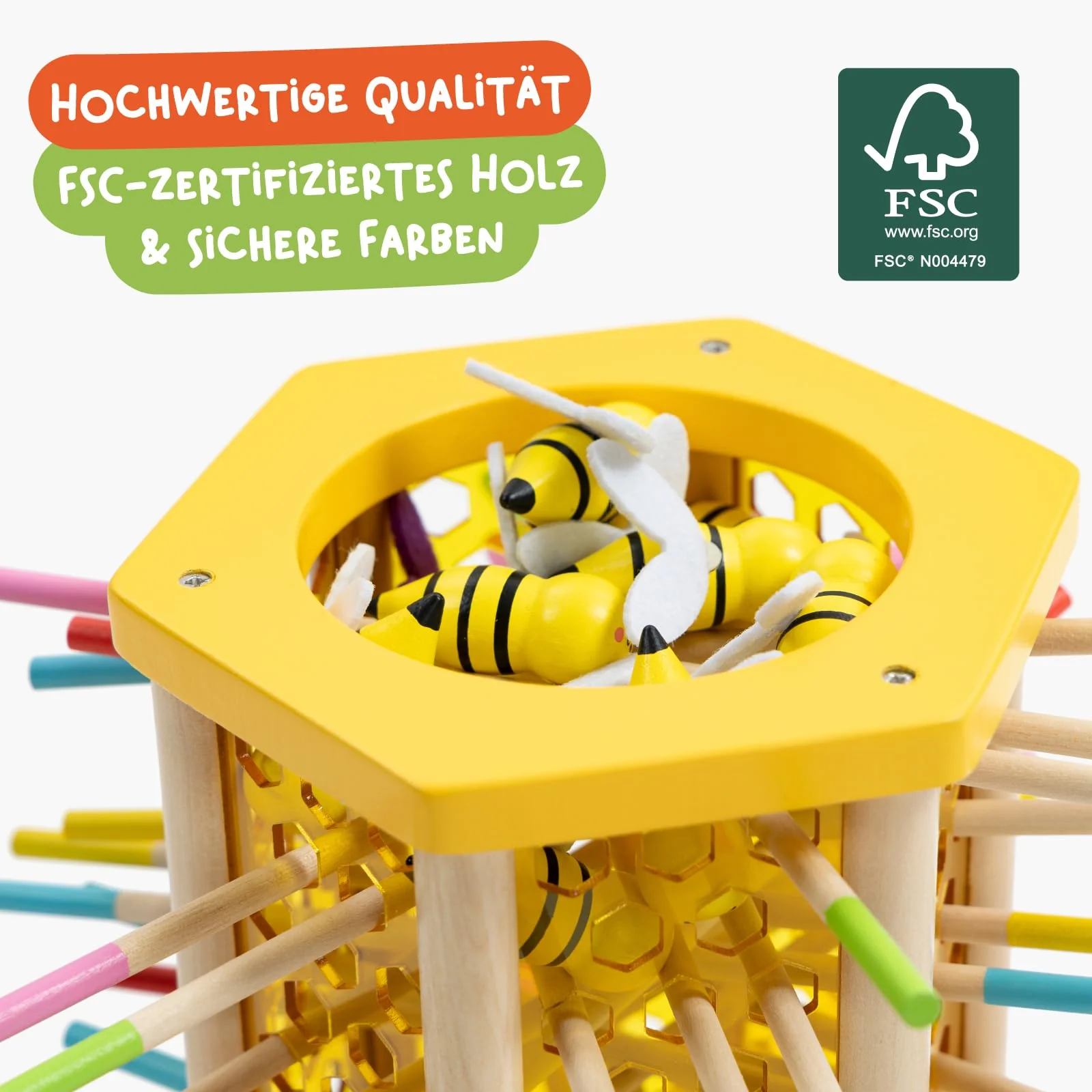 Nene Toys BEEFALL Groß, 4-in-1 Lernspiel mit Bienen, Montessori Spielzeug ab 3 Jahren mit bunten Stäben, Würfeln & Karten - Holzspiel für Jungen & Mädchen 3-9 Jahre - Pädagogisches Familienspiel - Image 5