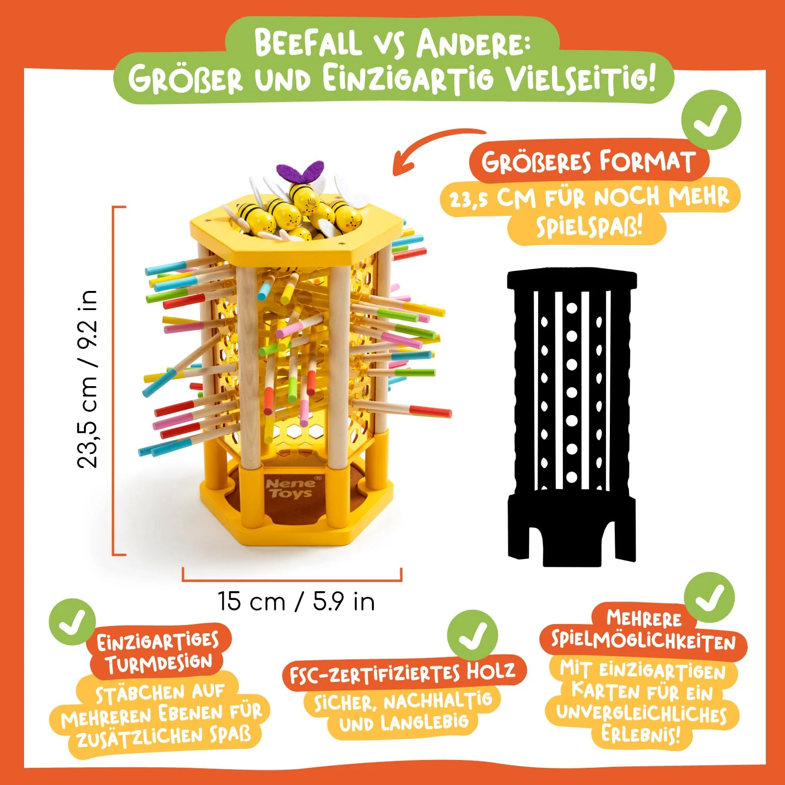 Nene Toys BEEFALL Groß, 4-in-1 Lernspiel mit Bienen, Montessori Spielzeug ab 3 Jahren mit bunten Stäben, Würfeln & Karten - Holzspiel für Jungen & Mädchen 3-9 Jahre - Pädagogisches Familienspiel - Image 6