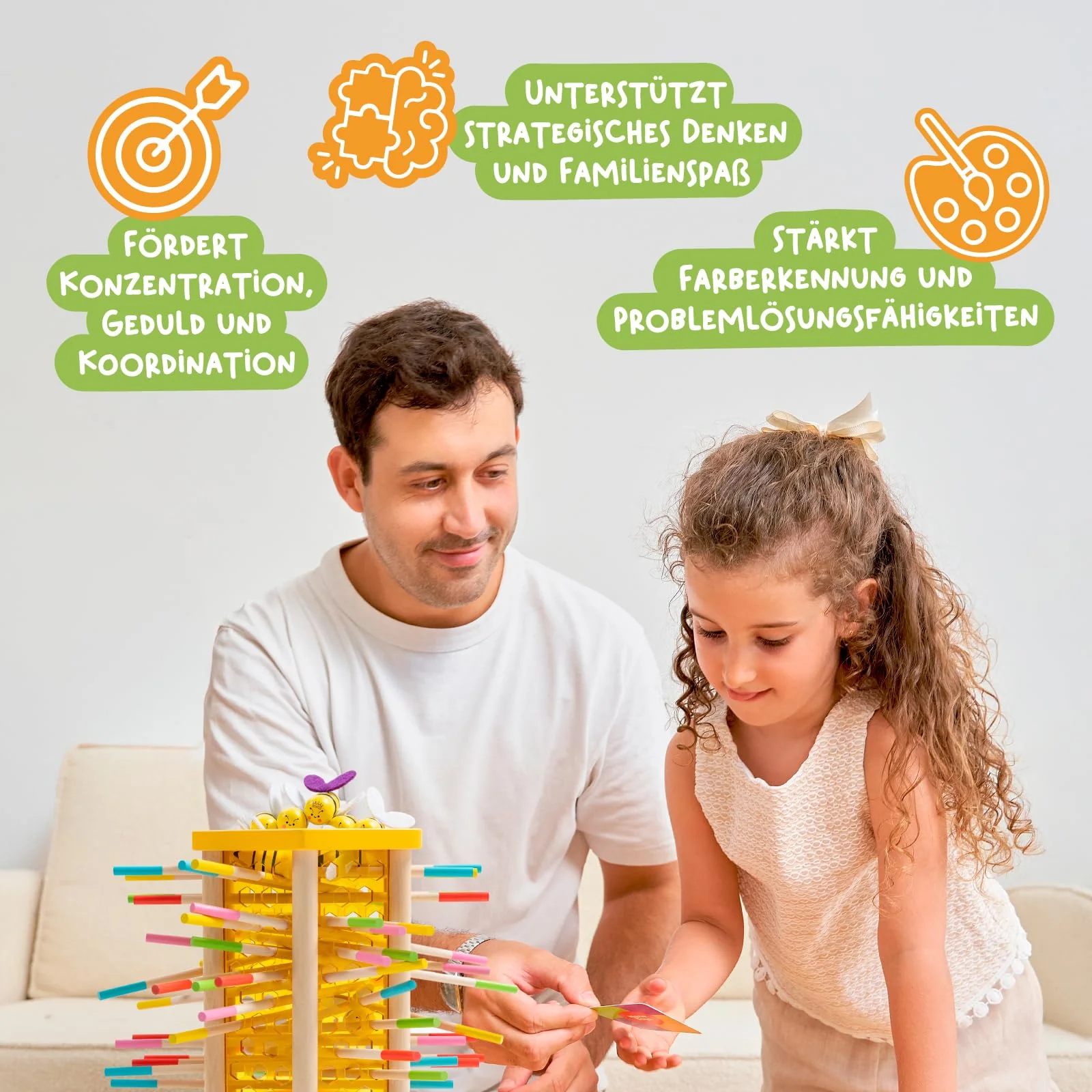 Nene Toys BEEFALL Groß, 4-in-1 Lernspiel mit Bienen, Montessori Spielzeug ab 3 Jahren mit bunten Stäben, Würfeln & Karten - Holzspiel für Jungen & Mädchen 3-9 Jahre - Pädagogisches Familienspiel - Image 7