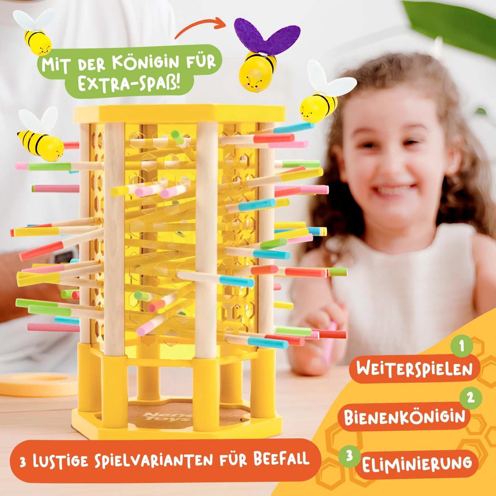 Nene Toys BEEFALL Groß, 4-in-1 Lernspiel mit Bienen, Montessori Spielzeug ab 3 Jahren mit bunten Stäben, Würfeln & Karten - Holzspiel für Jungen & Mädchen 3-9 Jahre - Pädagogisches Familienspiel - Image 8