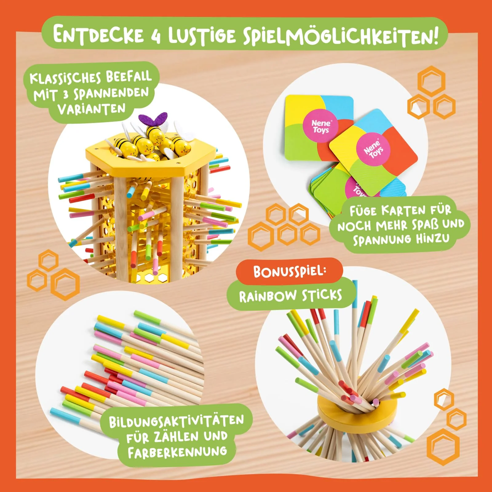 Nene Toys BEEFALL Groß, 4-in-1 Lernspiel mit Bienen, Montessori Spielzeug ab 3 Jahren mit bunten Stäben, Würfeln & Karten - Holzspiel für Jungen & Mädchen 3-9 Jahre - Pädagogisches Familienspiel - Image 9