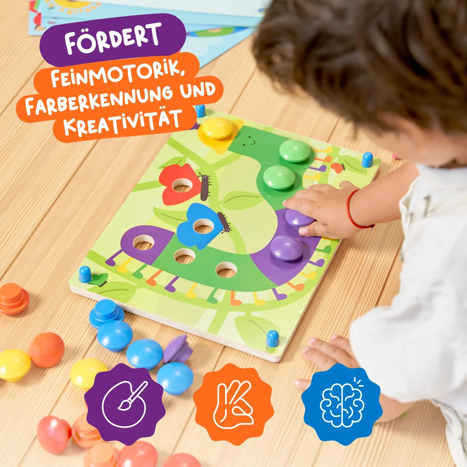 Nene Toys Holz-Steckspiel für Kleinkinder ab 2 Jahren - Mosaik Steckspiel für Kinder 2 3 Jahre - Montessori Spielzeug mit Bunten Knöpfen & Zuordnungskarten - Lernspiele für 2 jährige Jungen Mädchen - Image 3
