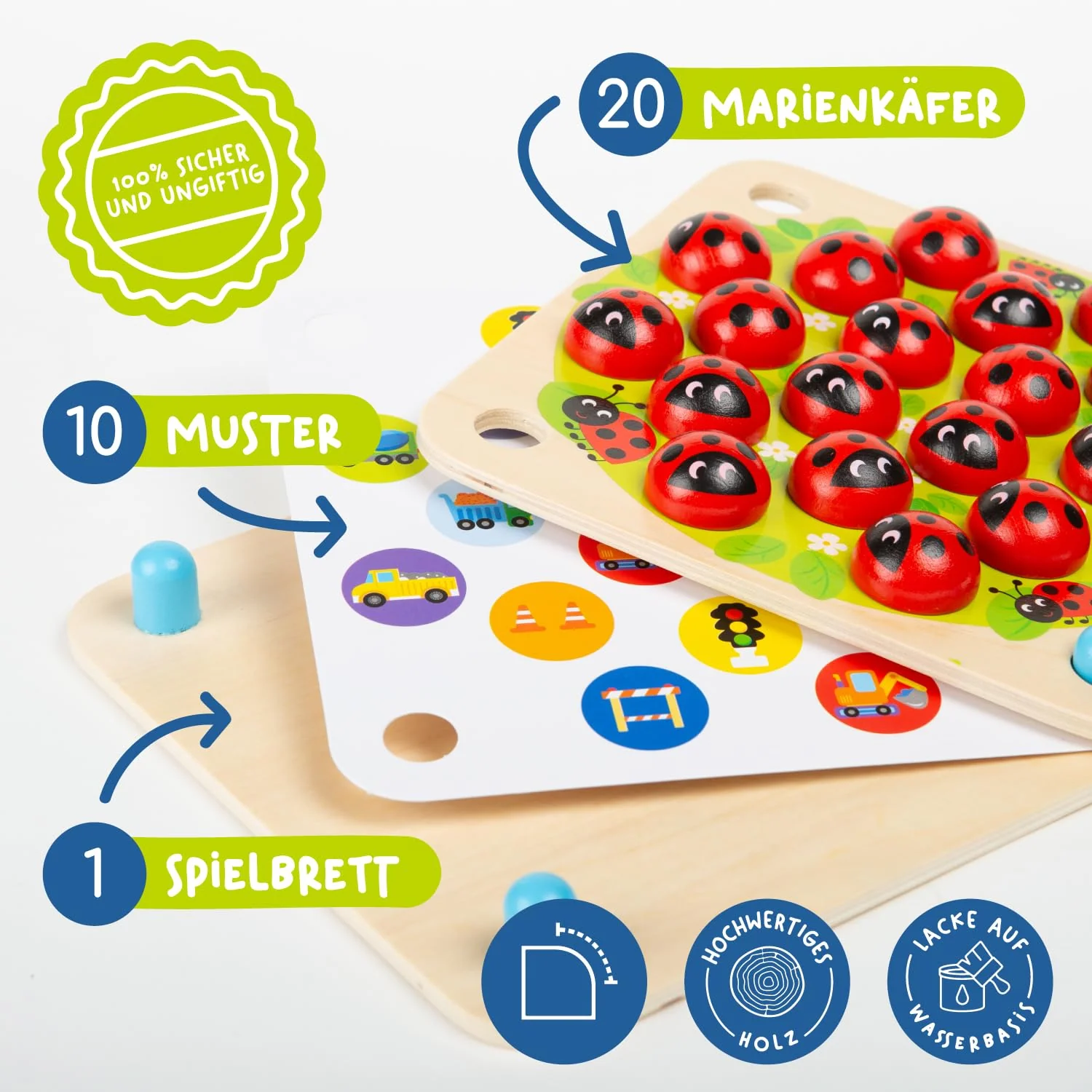 Nene Toys Marienkäfer-Garten, Gedächtnisspiel aus FSC® Holz für Kinder ab 3 Jahren – Pädagogisches Brettspiel mit 10 lustigen Mustern – Montessori Memo-Spiel – Geschenk Jungen Mädchen ab 3 4 5 Jahren - Image 6