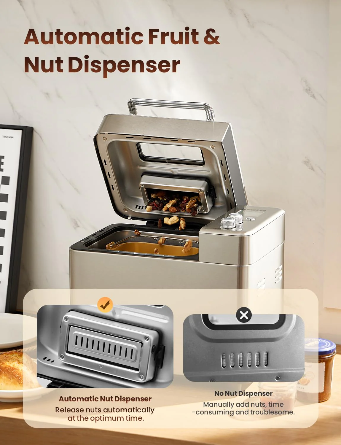 Neretva Brotbackautomat, 17 Programme&1KG Kapazität Brotbackautomaten mit Auto Nuss&Fruchtspender Brotbackmaschine Antihaftbeschichteter Keramikform, 15H Timer&1H Warmhalte, Geräuscharm, Edelstahl - Image 4