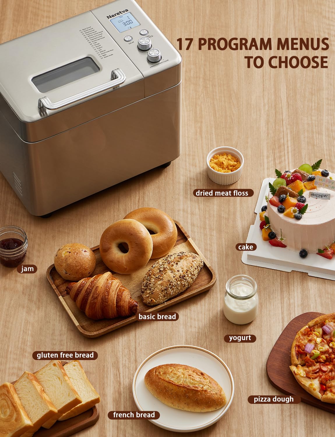 Neretva Brotbackautomat, 17 Programme&1KG Kapazität Brotbackautomaten mit Auto Nuss&Fruchtspender Brotbackmaschine Antihaftbeschichteter Keramikform, 15H Timer&1H Warmhalte, Geräuscharm, Edelstahl - Image 6