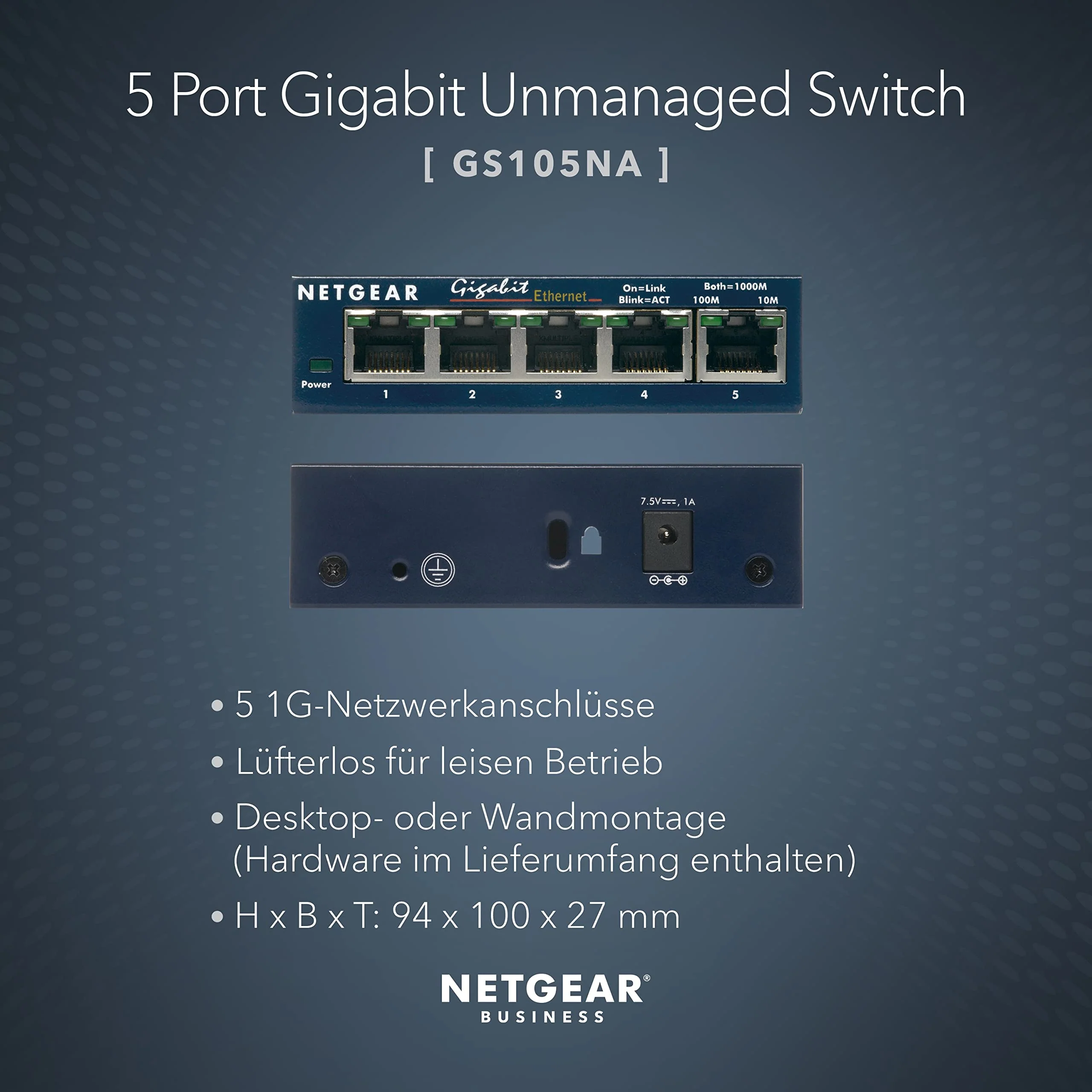 NETGEAR GS105GE LAN Switch 5 Port Netzwerk Switch (Plug-and-Play Gigabit Switch LAN Splitter, LAN Verteiler, Ethernet Hub, lüfterloses Metallgehäuse, ProSAFE Lifetime-Garantie), Blau - Image 3
