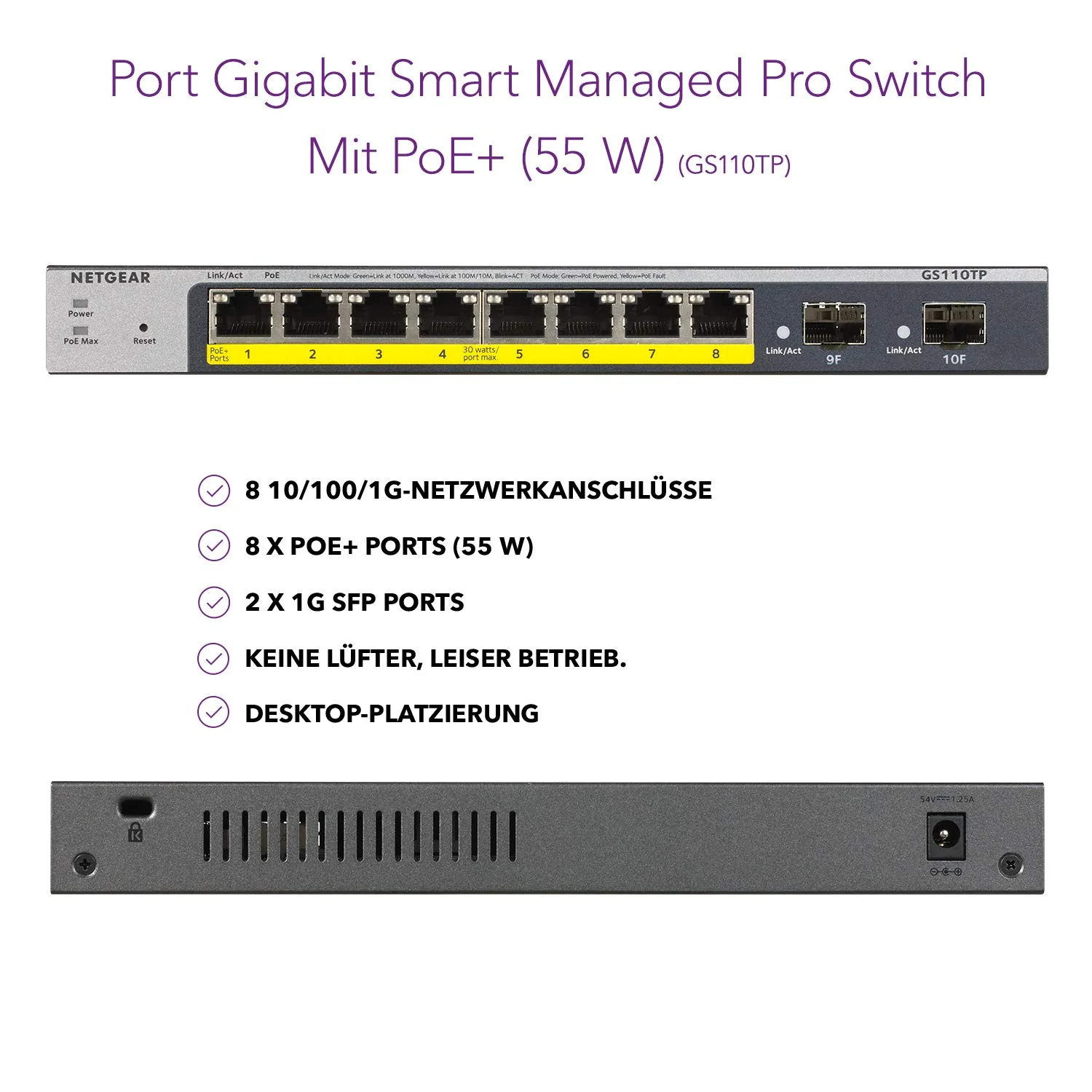 NETGEAR GS110TP 10 Port Gigabit Ethernet LAN PoE Switch Smart (Managed mit 8x PoE+ 55W, 2x 1G-SFP, lokales Management oder Remote per Insight Cloud, lüfterlos, ProSAFE Lifetime-Garantie) - Image 4