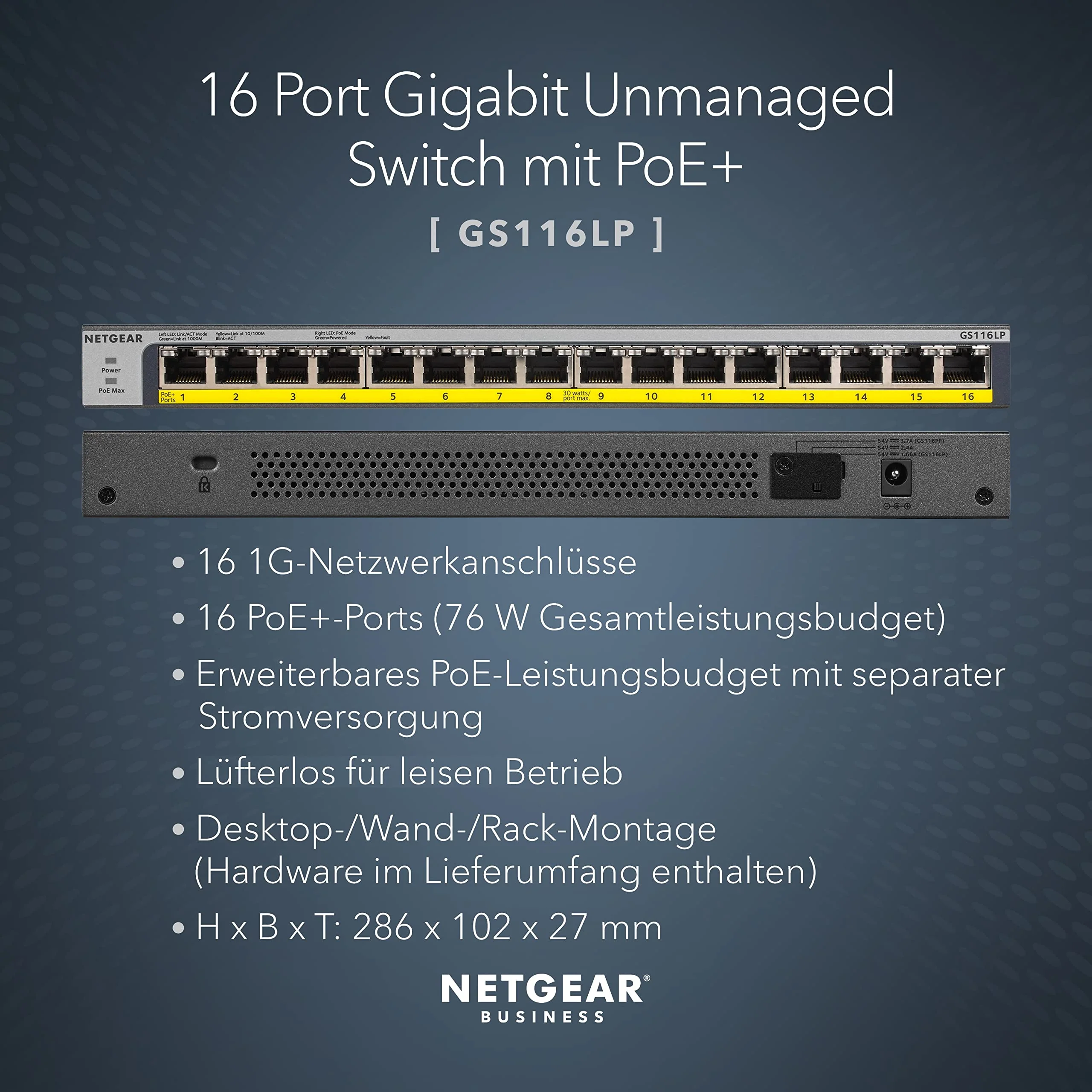 NETGEAR GS116LP PoE Switch 16 Port Gigabit Ethernet LAN Switch mit 16x PoE+ 76W (Plug-and-Play Netzwerk Switch PoE 16 Ports, lüfterlos, 19 Zoll Rack-Montage, ProSAFE Lifetime-Garantie), Schwarz