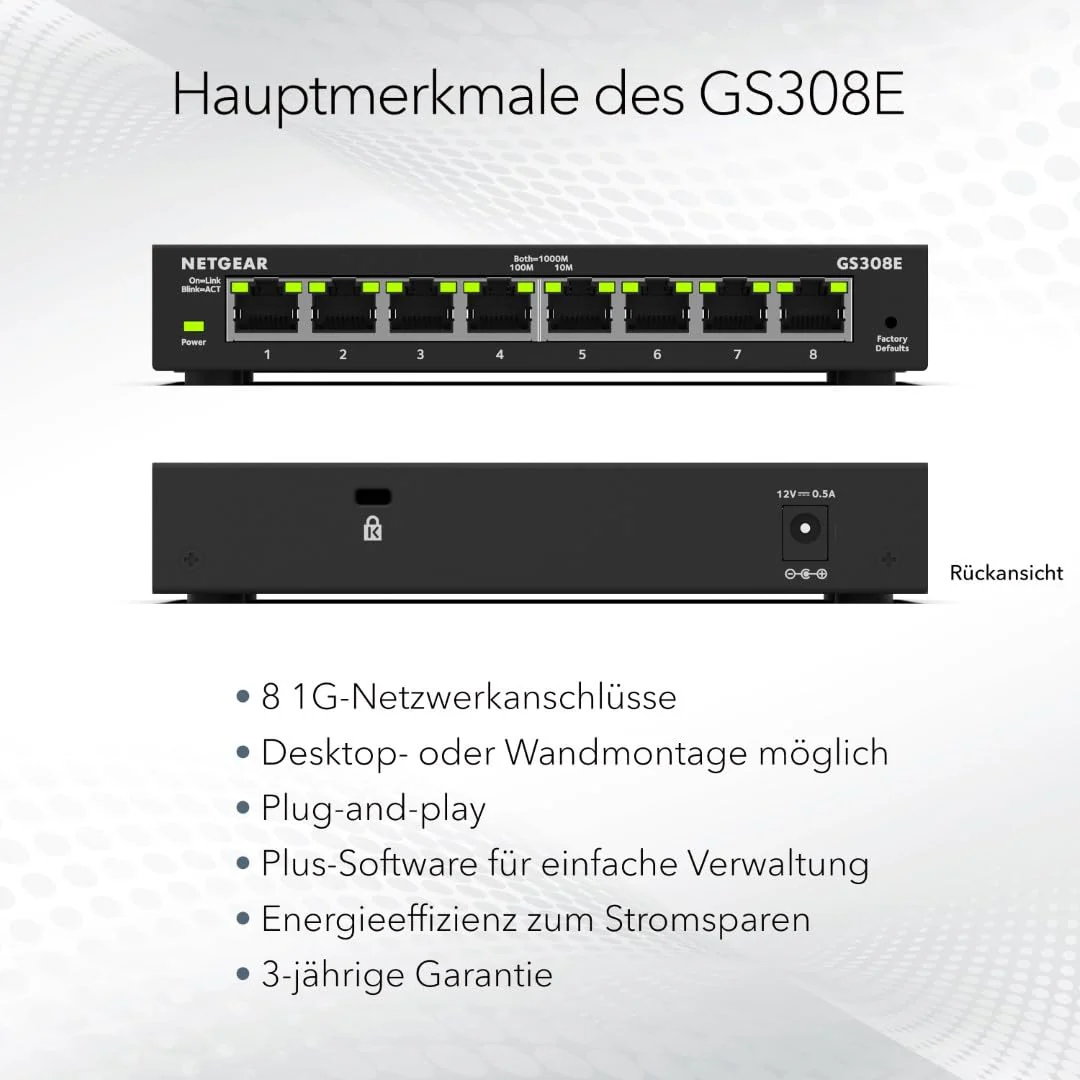 NETGEAR GS308E Managed Switch 8 Port Gigabit Ethernet LAN Switch Plus (Plug-and-Play Netzwerk Switch Managed, IGMP Snooping, QoS, VLAN, lüfterlos, Robustes Metallgehäuse) Schwarz - Image 2