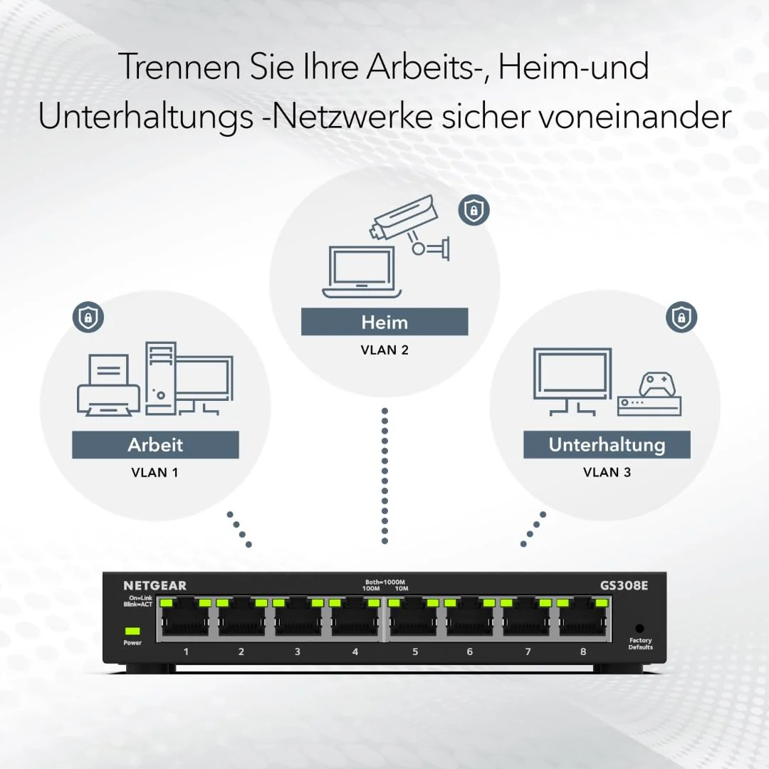NETGEAR GS308E Managed Switch 8 Port Gigabit Ethernet LAN Switch Plus (Plug-and-Play Netzwerk Switch Managed, IGMP Snooping, QoS, VLAN, lüfterlos, Robustes Metallgehäuse) Schwarz - Image 3