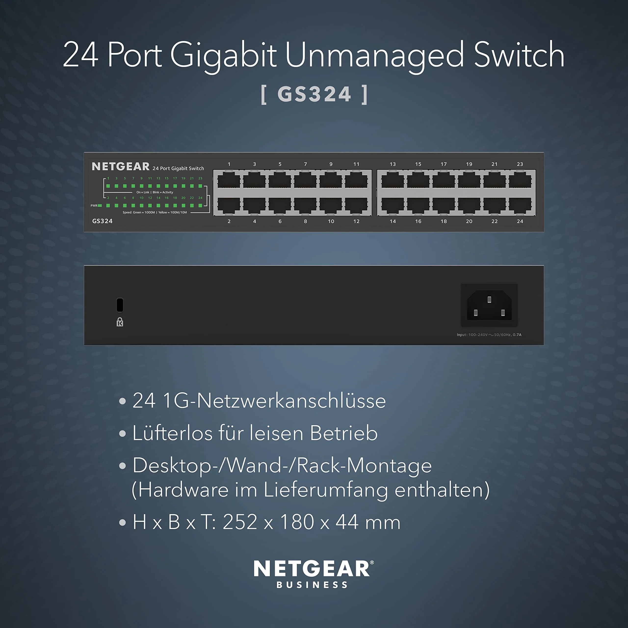 Netgear GS324 Switch 24 Port Switch Gigabit Ethernet LAN Switch (Plug-and-Play Netzwerk Switch, lüfterlos, Switch 19 Zoll Rack-Montage, robustes Metallgehäuse), Schwarz