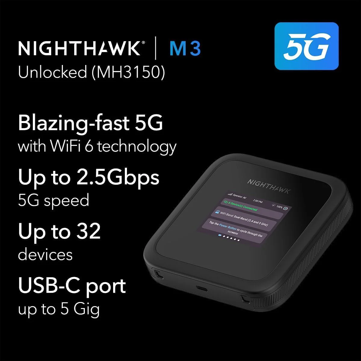 NETGEAR Nighthawk M3 – 5G Router SIM Karte, Mobiler WLAN Router | bis zu 2,5 GBit/s – SIM-Steckplatz entsperrt – Tragbarer WLAN-Hotspot z– 5G- und 4G-MiFi, bis zu 32 Geräte (MH3150) - Image 9