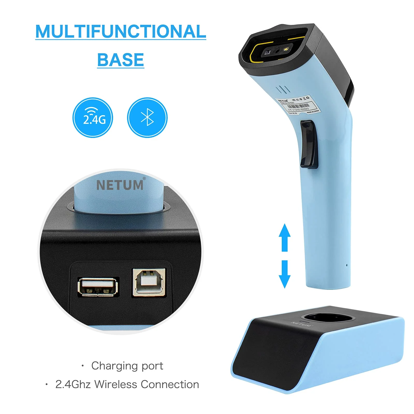 NETUM Bluetooth Wireless 2D Barcode Scanner Automatischer, freihändiger Barcodeleser mit Ladestation und integriertem Speicher, schnelles und präzises Scannen, Übertragungen bis zu 50 Meter - DS7500