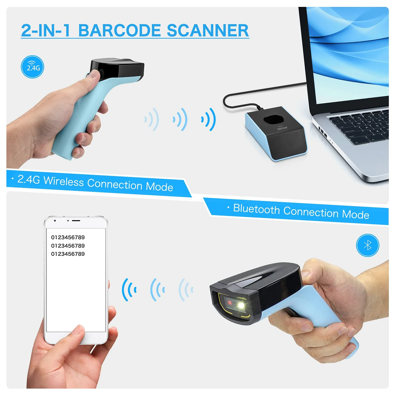 NETUM Bluetooth Wireless 2D Barcode Scanner Automatischer, freihändiger Barcodeleser mit Ladestation und integriertem Speicher, schnelles und präzises Scannen, Übertragungen bis zu 50 Meter - DS7500 - Image 9
