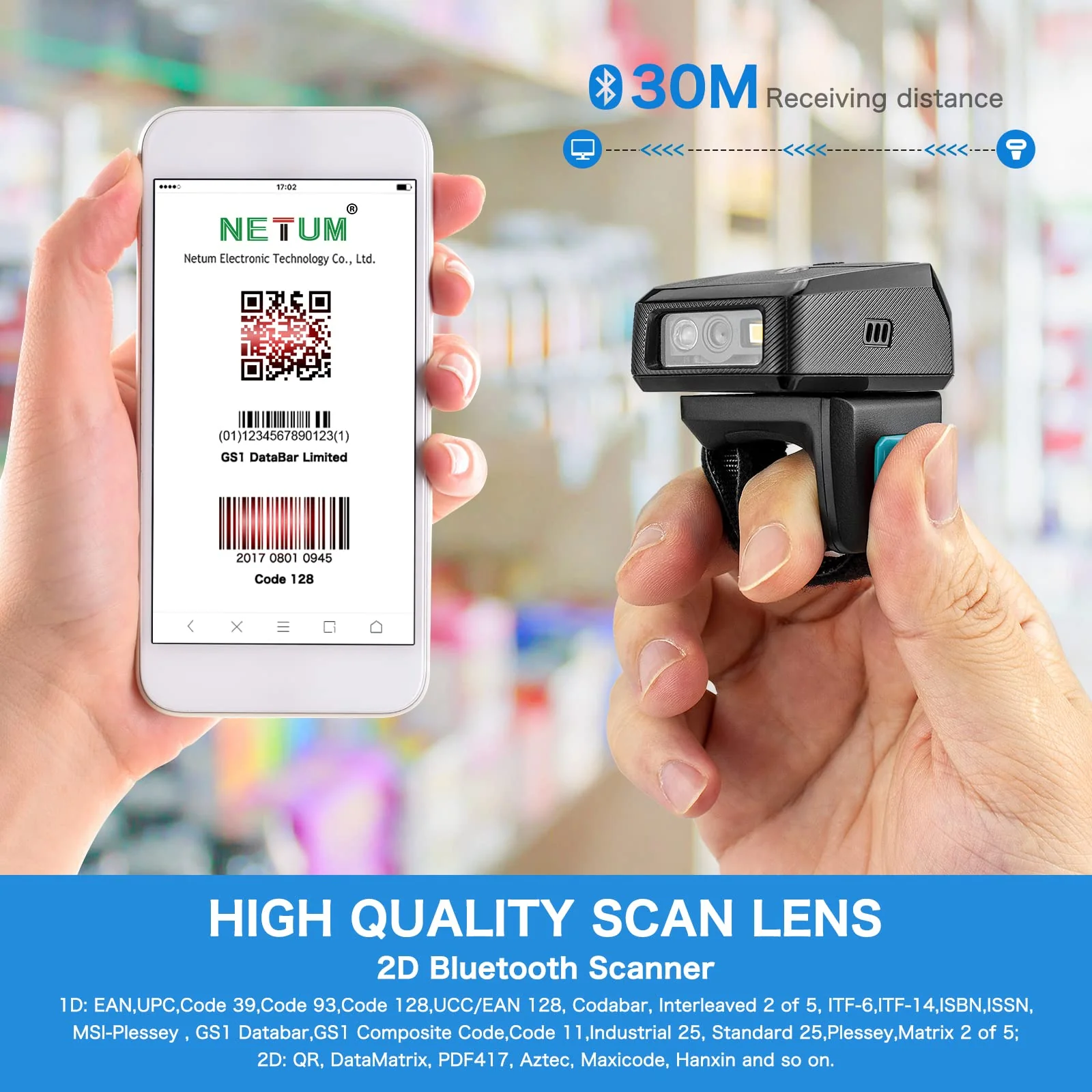 NETUM Mini Wireless 2D Ring Barcode Scanner Bluetooth, tragbarer Barcodeleser mit Ladestation und integriertem Speicher, schnelles und präzises Scannen - RS9000