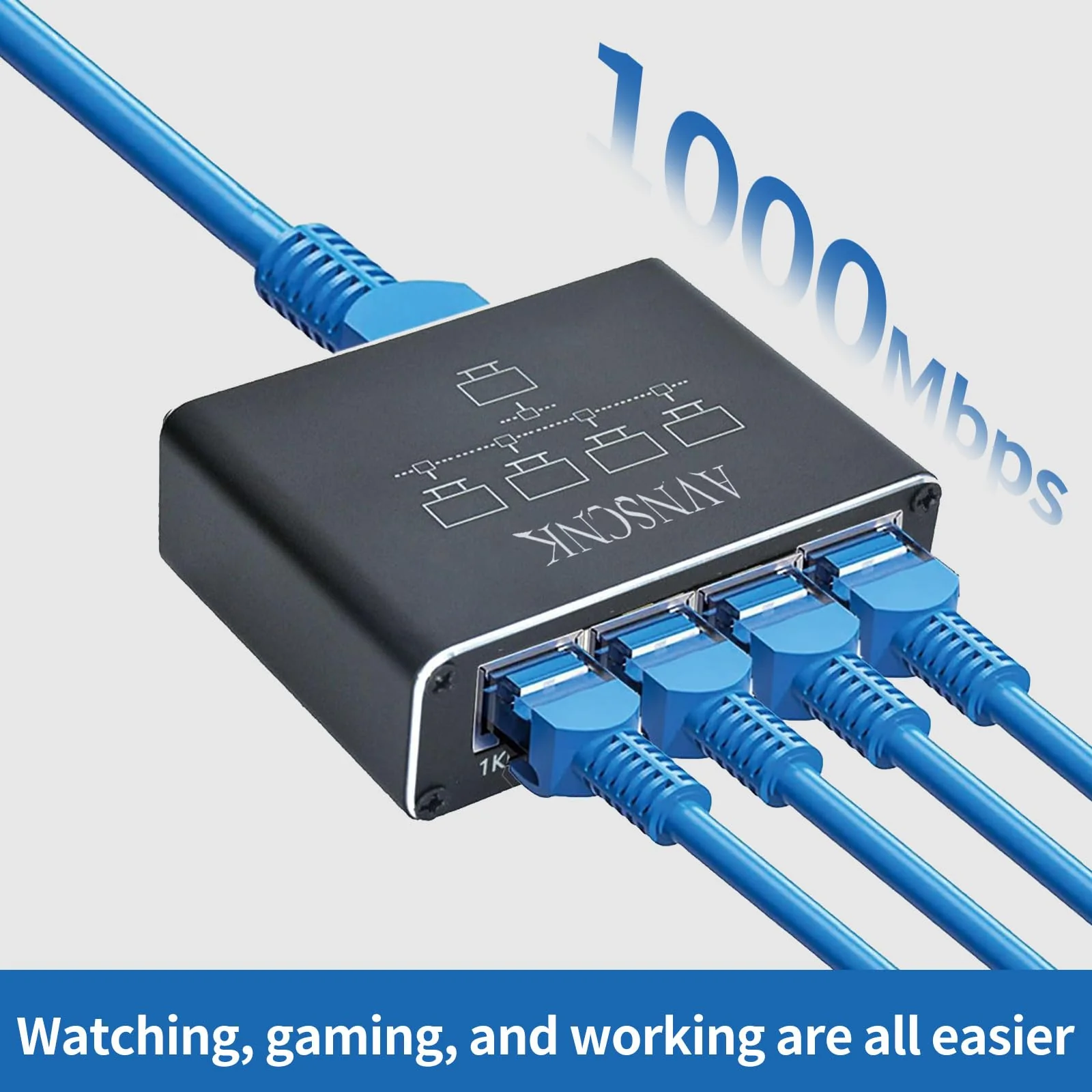 Netzwerk Switch 1 auf 4, AVNSCNK 1000 Mbit/s LAN Switch 4 Port Gigabit LAN Verteiler, Ethernet Switch mit USB C Netzkabel für Computer, Switch, Router, Set-Top Box, ADSL, Digital TV