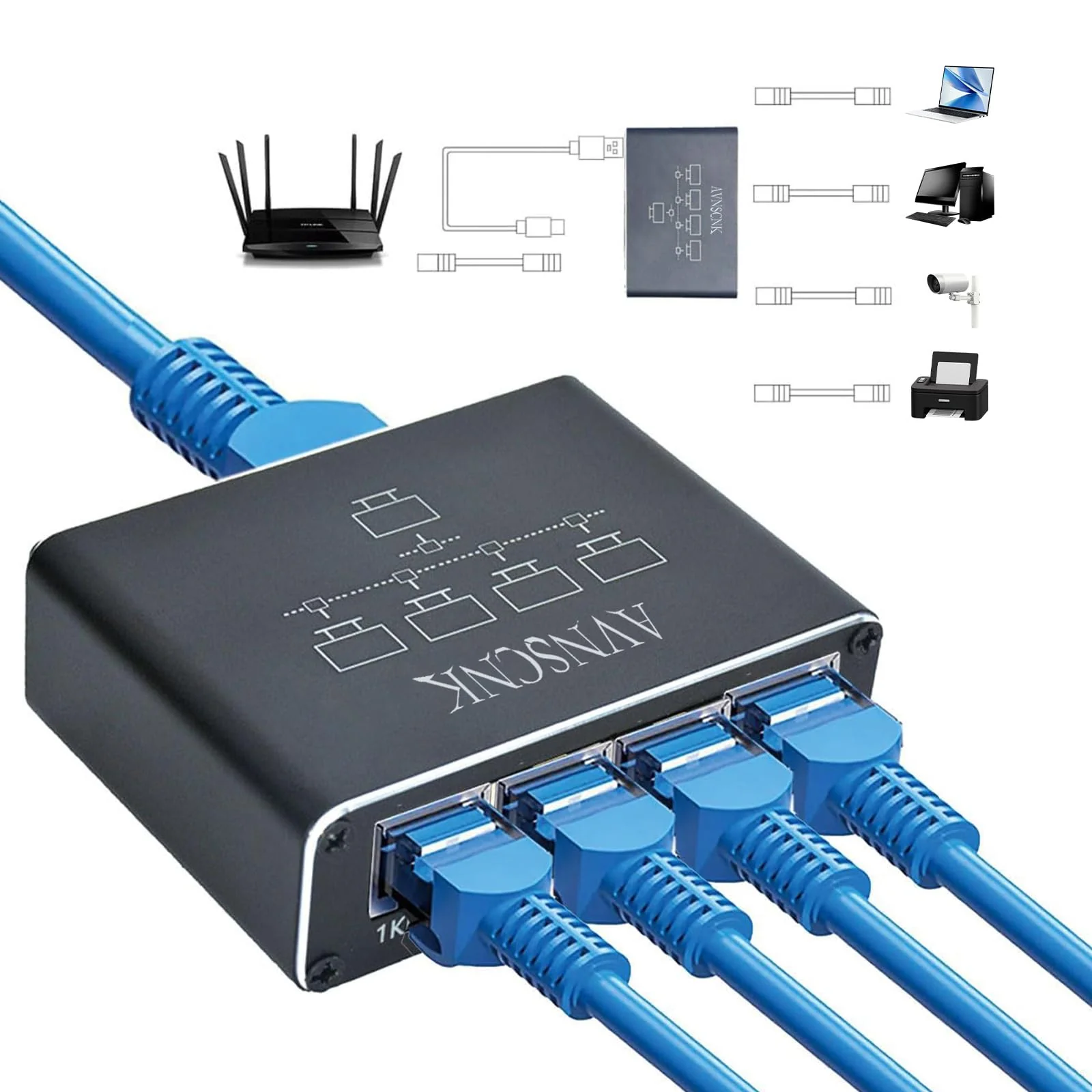 Netzwerk Switch 1 auf 4, AVNSCNK 1000 Mbit/s LAN Switch 4 Port Gigabit LAN Verteiler, Ethernet Switch mit USB C Netzkabel für Computer, Switch, Router, Set-Top Box, ADSL, Digital TV - Image 3