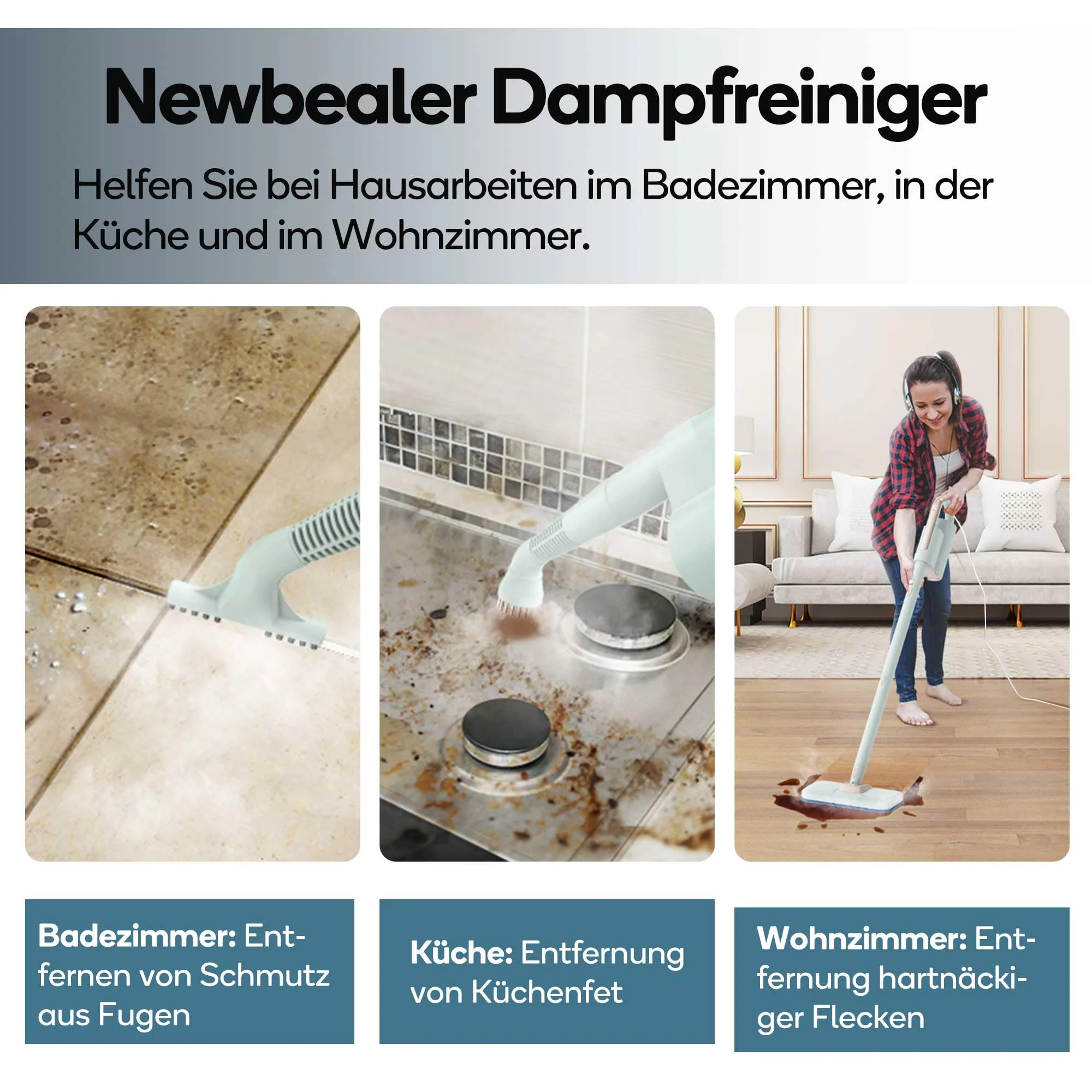 Newbealer Dampfreiniger 2-in-1 mit abnehmbarem Handdampfreiniger, 1200 W, 3 einstellbare Dampfstufen, Teppichgleiter, 7 Zubehörteile und 2 Mikrofasertücher, für Boden und Teppich - Image 4