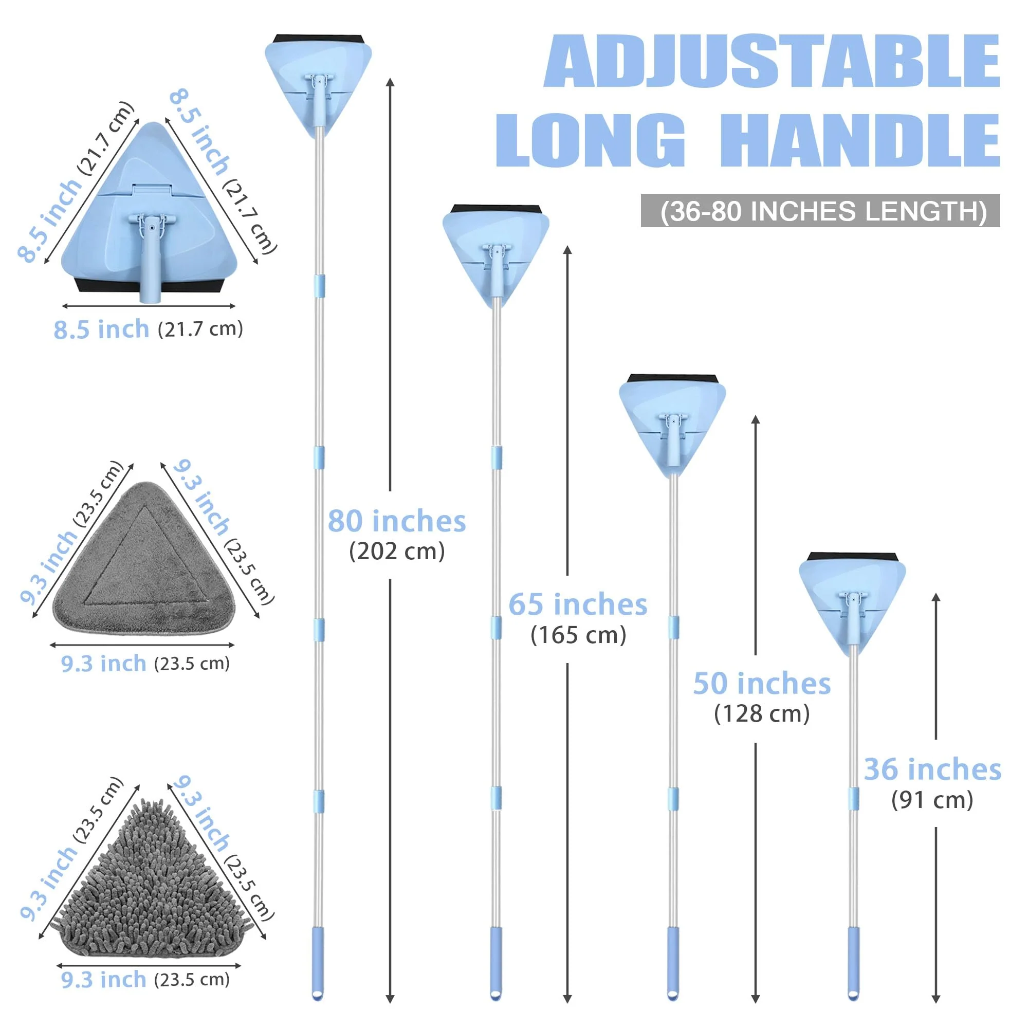 NEWE Rückenschonender Wand Mop mit 202 cm Langem Griff, 180° Klappbares Bodenwischer Wischmopp mit Rakel, Dreiecksmopp mit 4 Chenillepads und 2 Mikrofaserpads zum Waschen für Gemalte Wände, Decke - Image 2