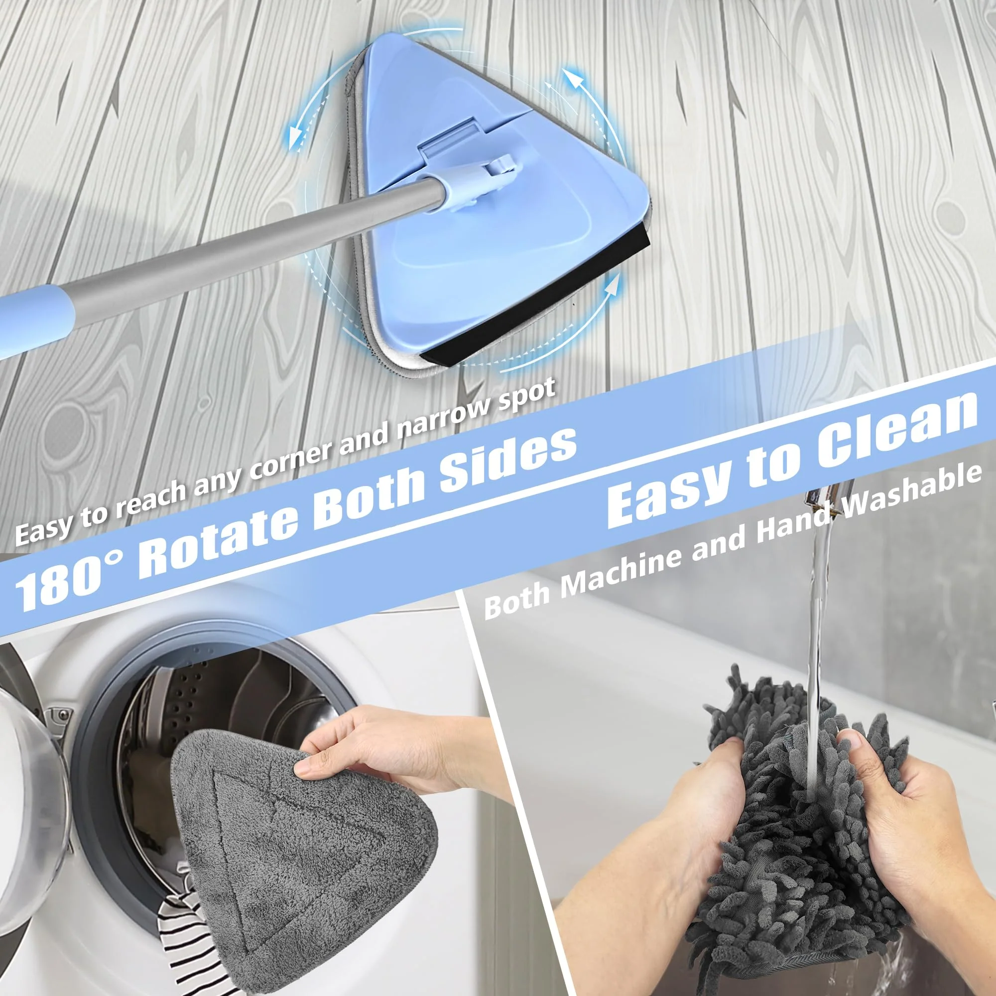 NEWE Rückenschonender Wand Mop mit 202 cm Langem Griff, 180° Klappbares Bodenwischer Wischmopp mit Rakel, Dreiecksmopp mit 4 Chenillepads und 2 Mikrofaserpads zum Waschen für Gemalte Wände, Decke - Image 4
