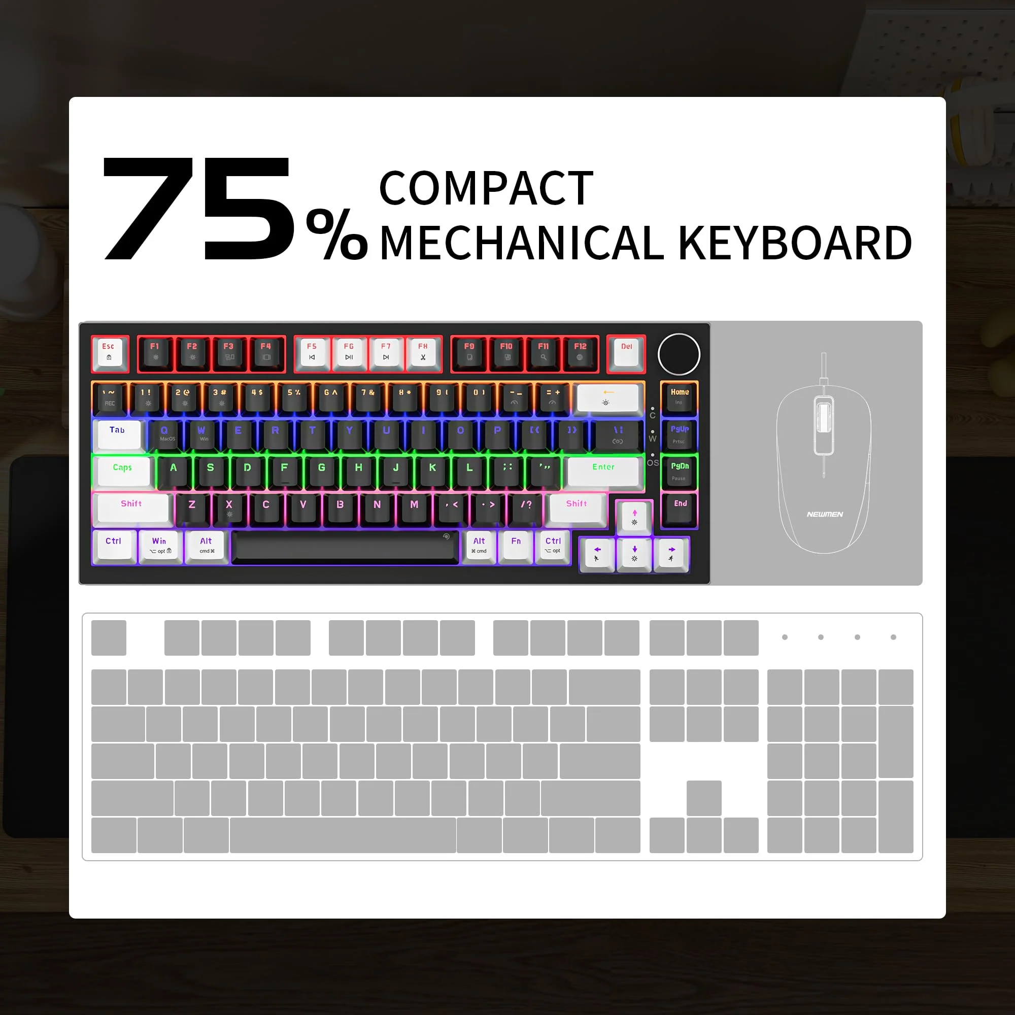Newmen GM326 Mechanische Tastatur mit Kabel,Gaming Tastatur 75% Prozent,TKL Hot Swap LED Beleuchtung USB C Mini Mechanische Tastatur mit Knopf,für PC/Win/Mac,QWERTY Layout,Weiß/Schwarz,Rote Schalter - Image 6