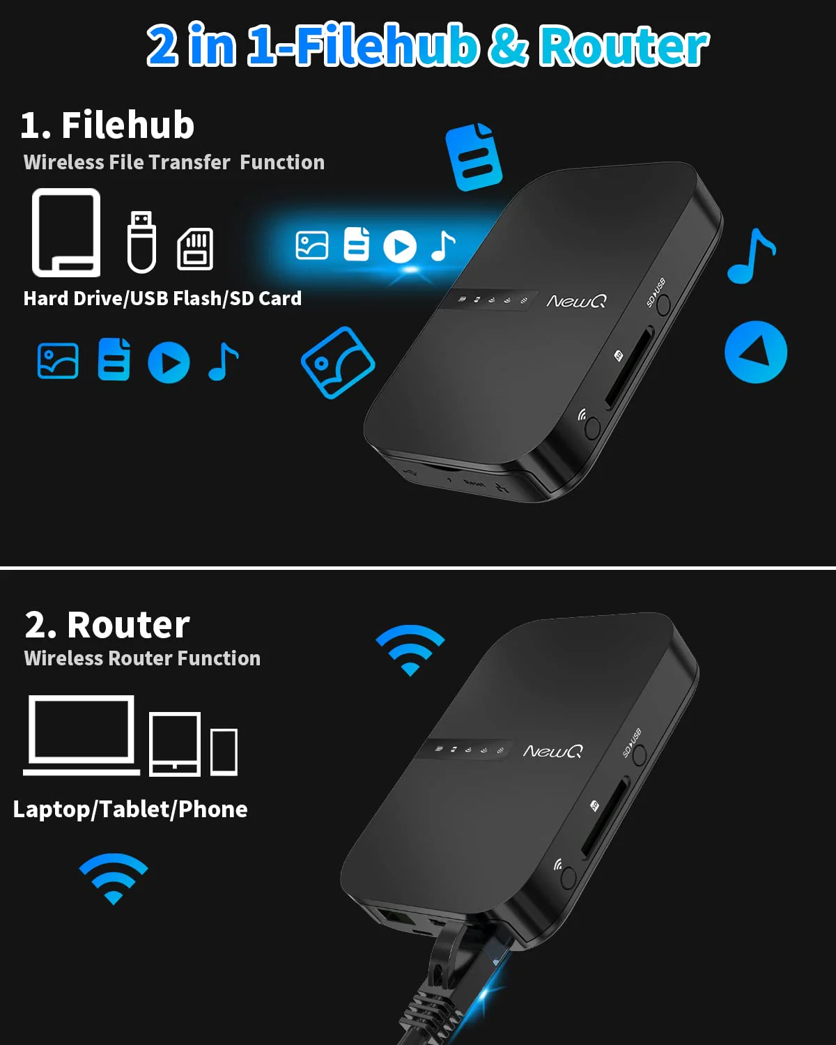 NEWQ Filehub AC750 Reise Router: Tragbarer Festplatten SD Kartenleser für Reisen | Drahtloser Zugriff auf externe Festplatte & USB-Speichergerät zum Sichern von Fotos & Dateien von Mobiltelefon Laptop - Image 6