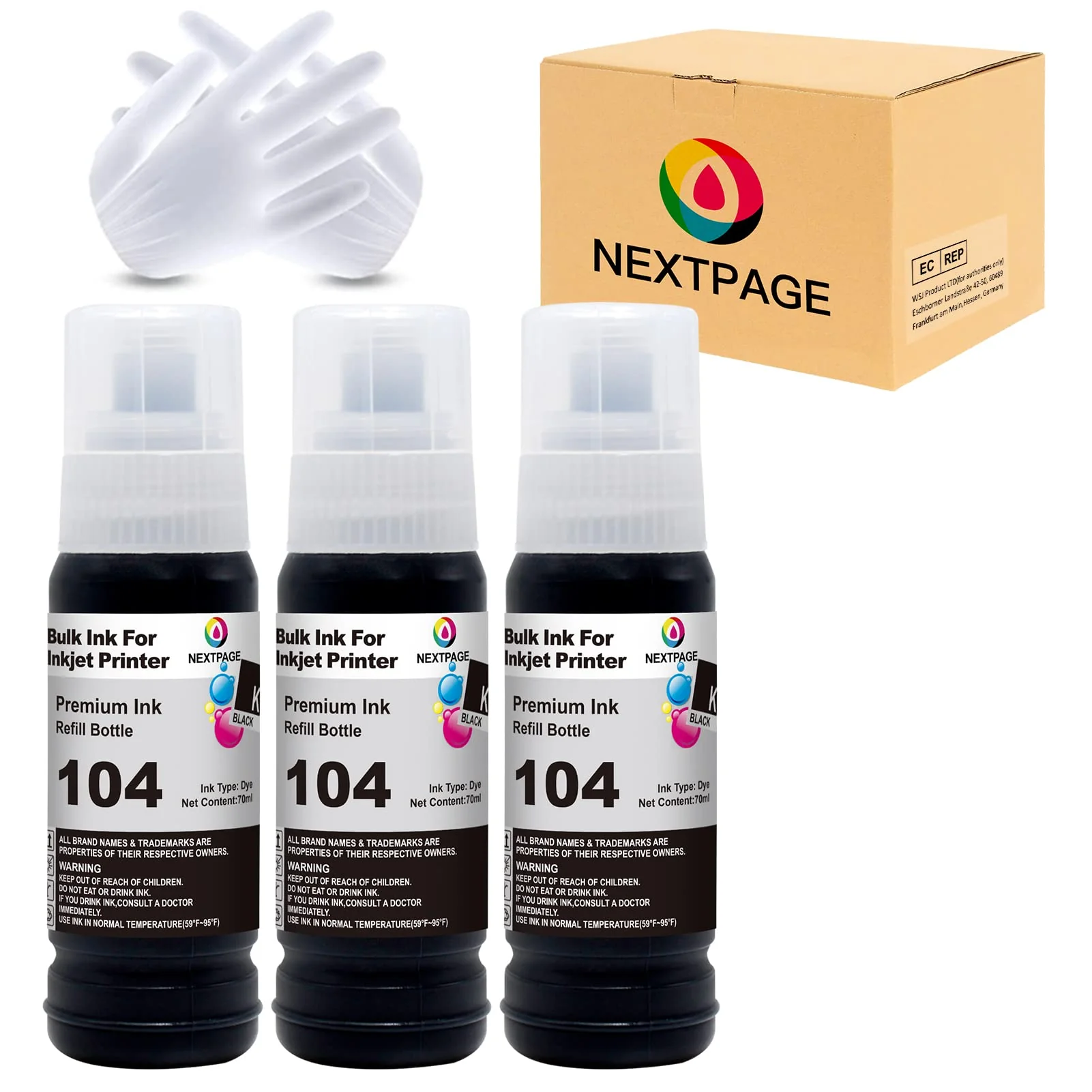 NEXTPAGE 104 Schwarz Tinte kompatibel für Epson 104 EcoTank Tintenflasche für Epson EcoTank ET-2820 ET-2810 ET-2870 ET-2710 ET-2711 ET-2712 ET-2714 ET-2715 ET-2720 ET-2726 ET-4700, 3 Packungen Schwarz