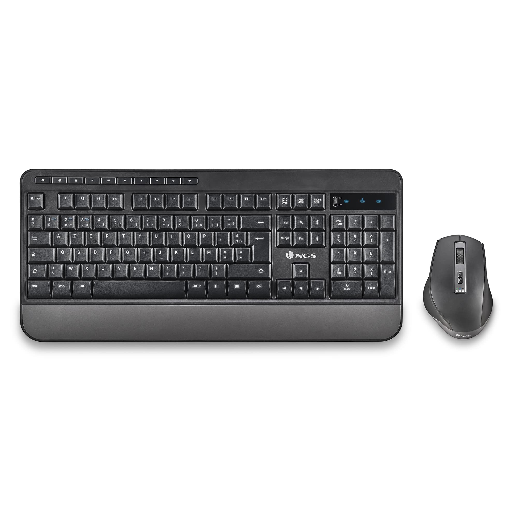 NGS Spell KIT - kabelloses Tastatur- und Maus-Set, 800/1600/2400dpi, Bluetooth 4.0 oder USB, Multi-Device, AZERTY Französisch, Farbe: Schwarz