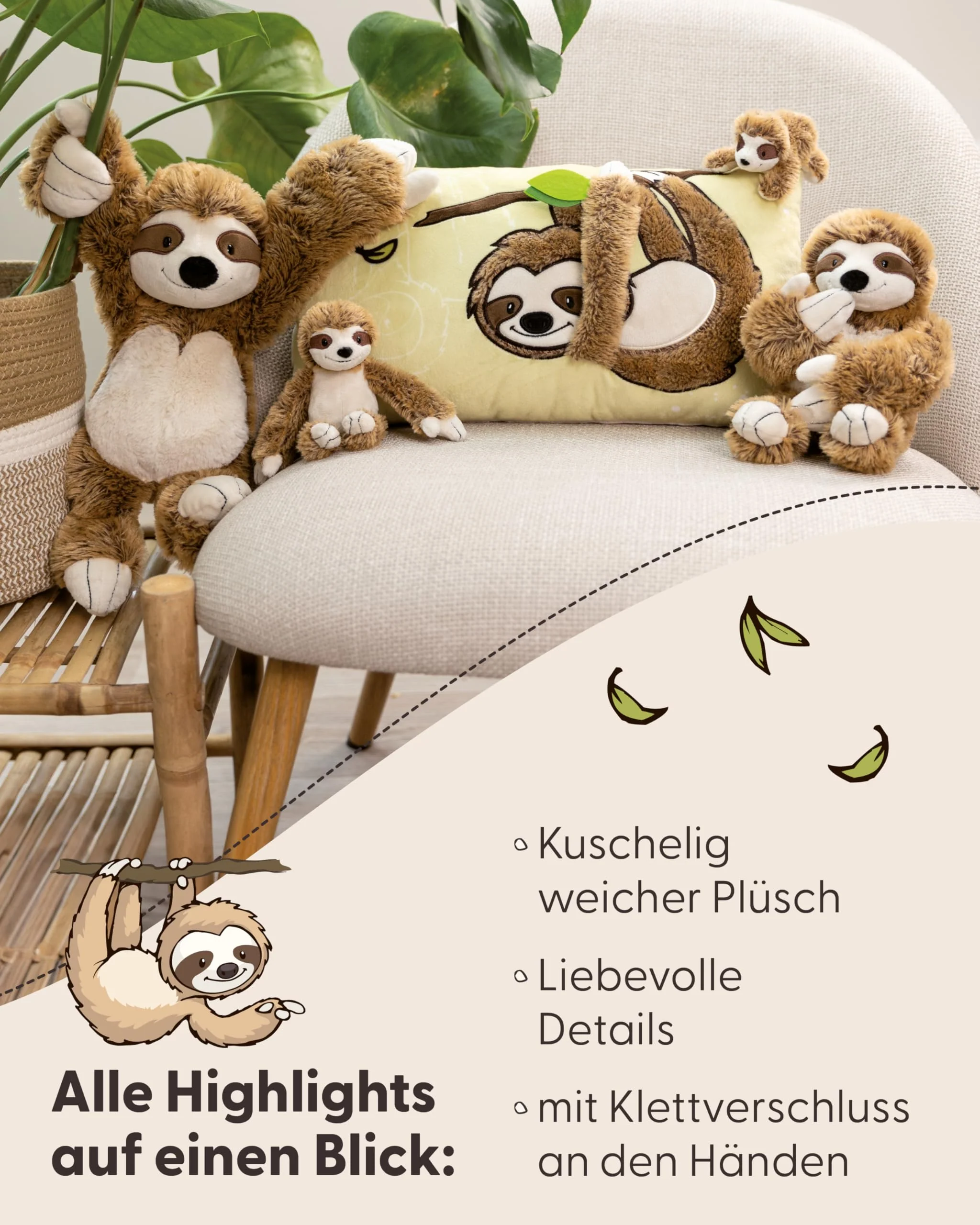 NICI Kuscheltier Faultier Slobby 25cm mit Klettverschluss braun - Stofftier aus weichem Plüsch, niedliches Plüschtier zum Kuscheln und Spielen, für Kinder & Erwachsene - tolle Geschenkidee - 61213 - Image 5