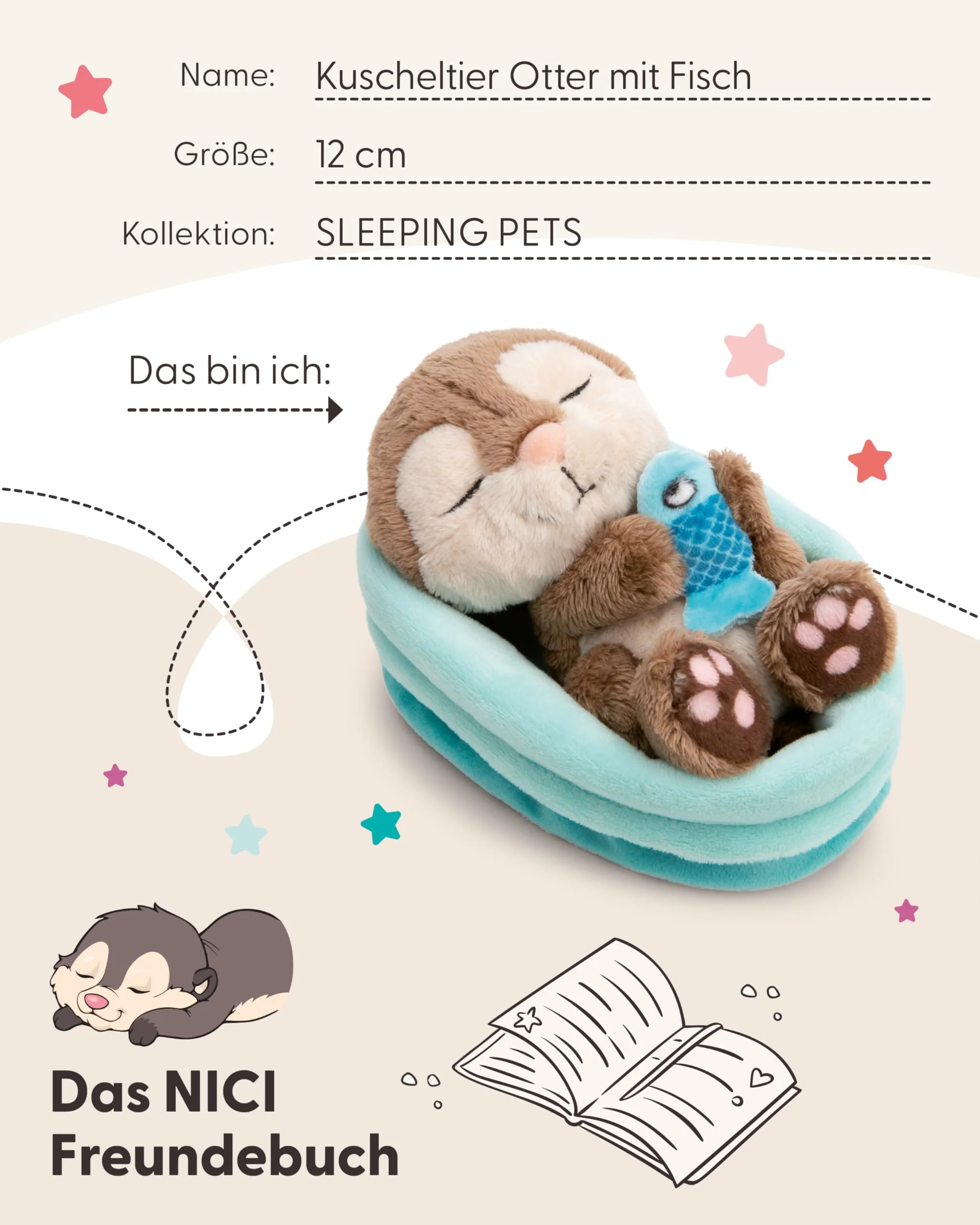 NICI Kuscheltier Otter mit Fisch 12cm schlafend im Körbchen - grau - Stofftier aus weichem Plüsch, niedliches Plüschtier zum Kuscheln und Spielen, für Kinder & Erwachsene - 61582 - Image 4