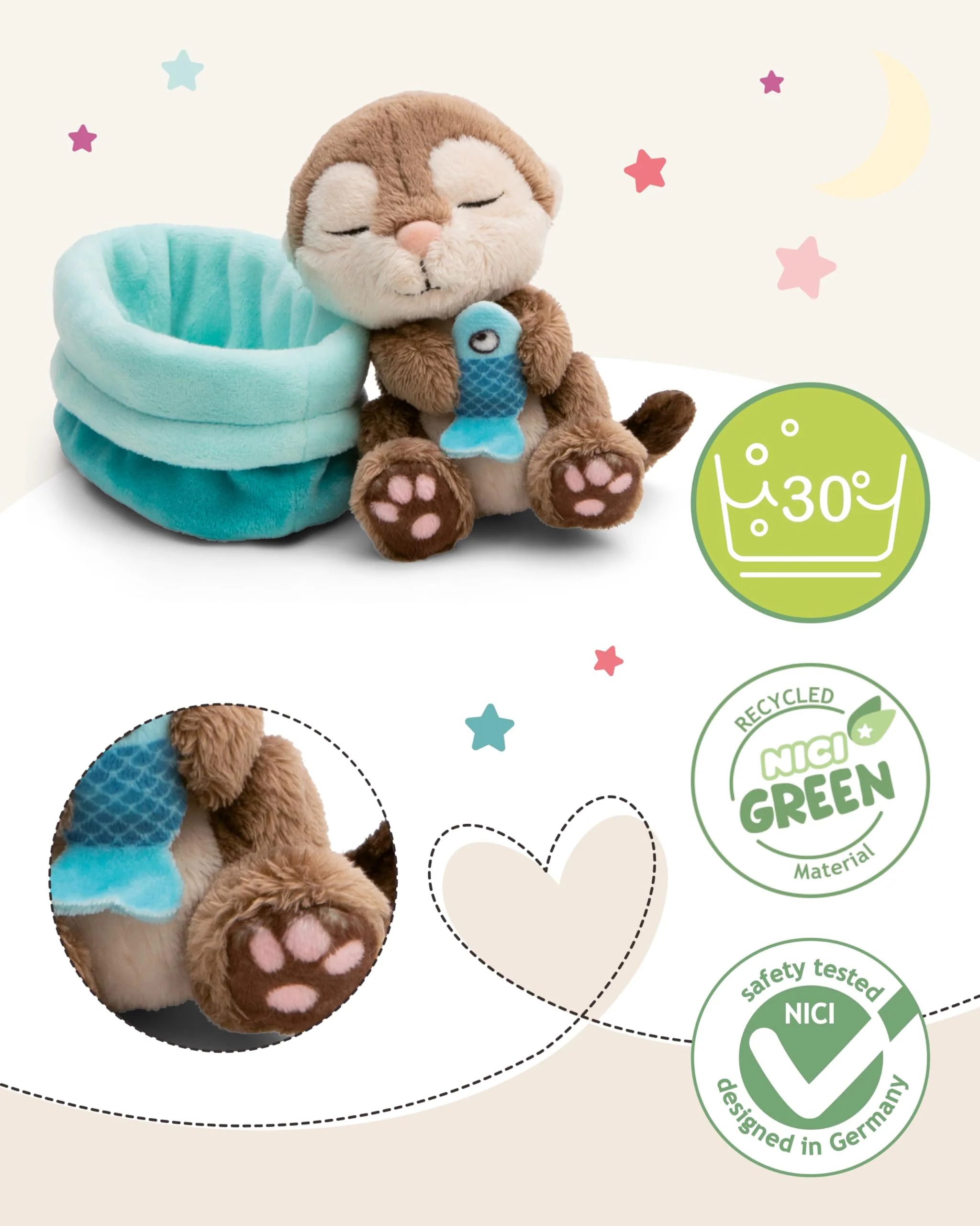 NICI Kuscheltier Otter mit Fisch 12cm schlafend im Körbchen - grau - Stofftier aus weichem Plüsch, niedliches Plüschtier zum Kuscheln und Spielen, für Kinder & Erwachsene - 61582 - Image 6