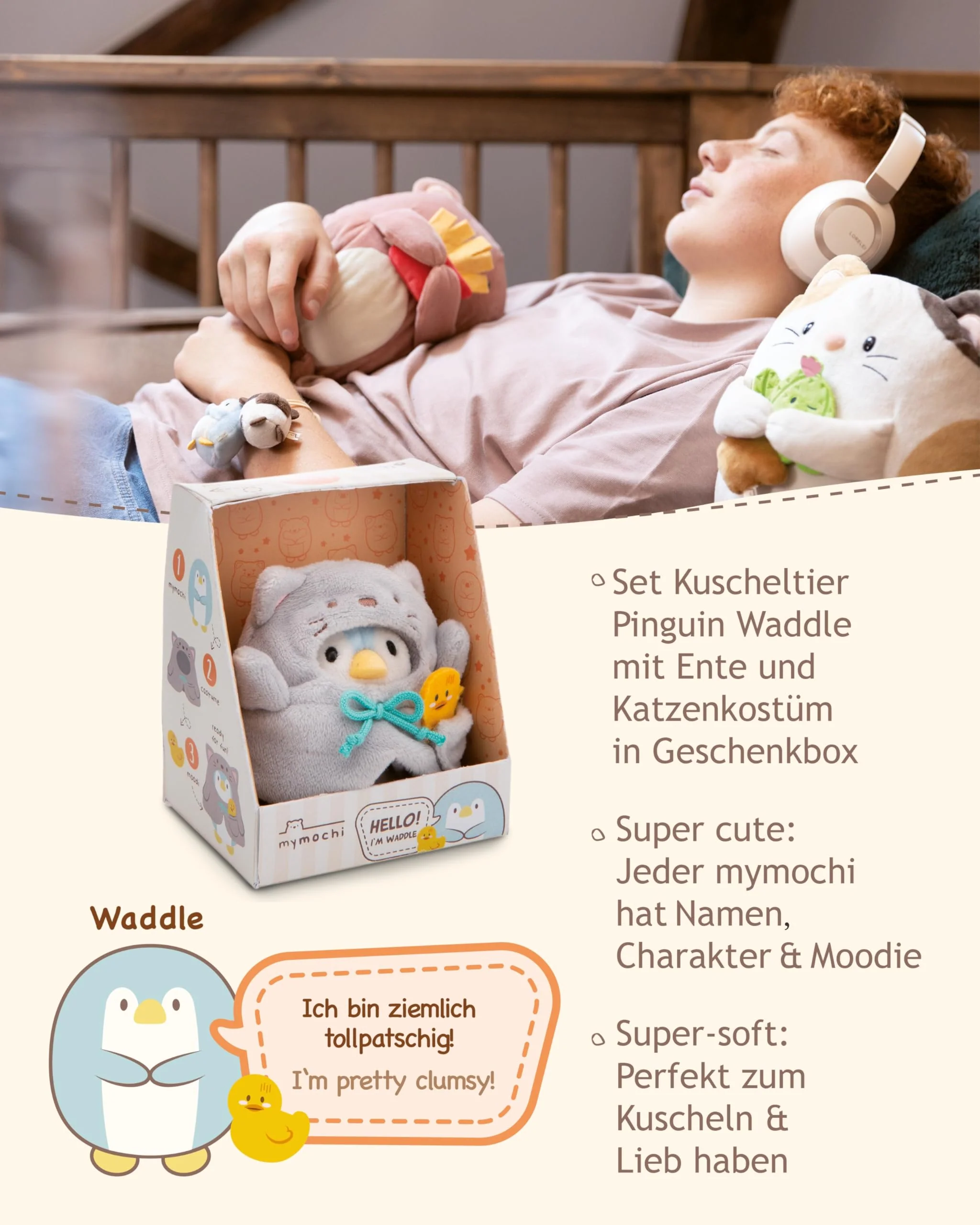 NICI MYMOCHI Kuscheltier Set - Pinguin Kuscheltier Waddle 8 cm mit Ente und Katzenkostüm in Geschenkbox, Flauschiges Stofftier zum Kuscheln, Spielen und Liebhaben - 61143 - Image 6
