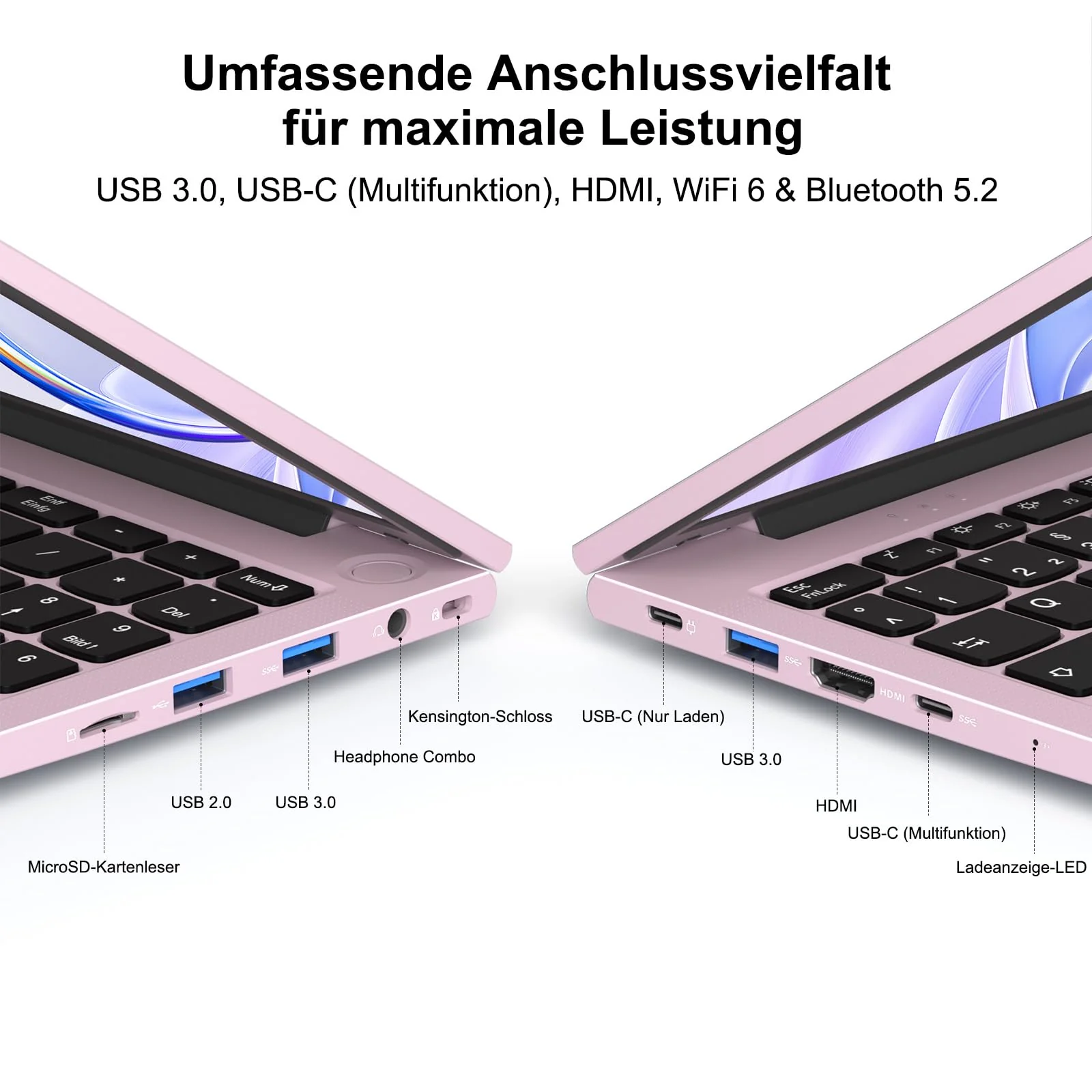 NIMO 15.6" Laptop FHD Computer Rosegold: 16GB RAM, 1TB SSD, Win 11 Home, Intel N100 bis 3,4GHz, WLAN-Konnektivität, Fingerabdruck, 65W PD, Hintergrundbeleuchtete Tastatur, Leicht & Stylisch - Image 4