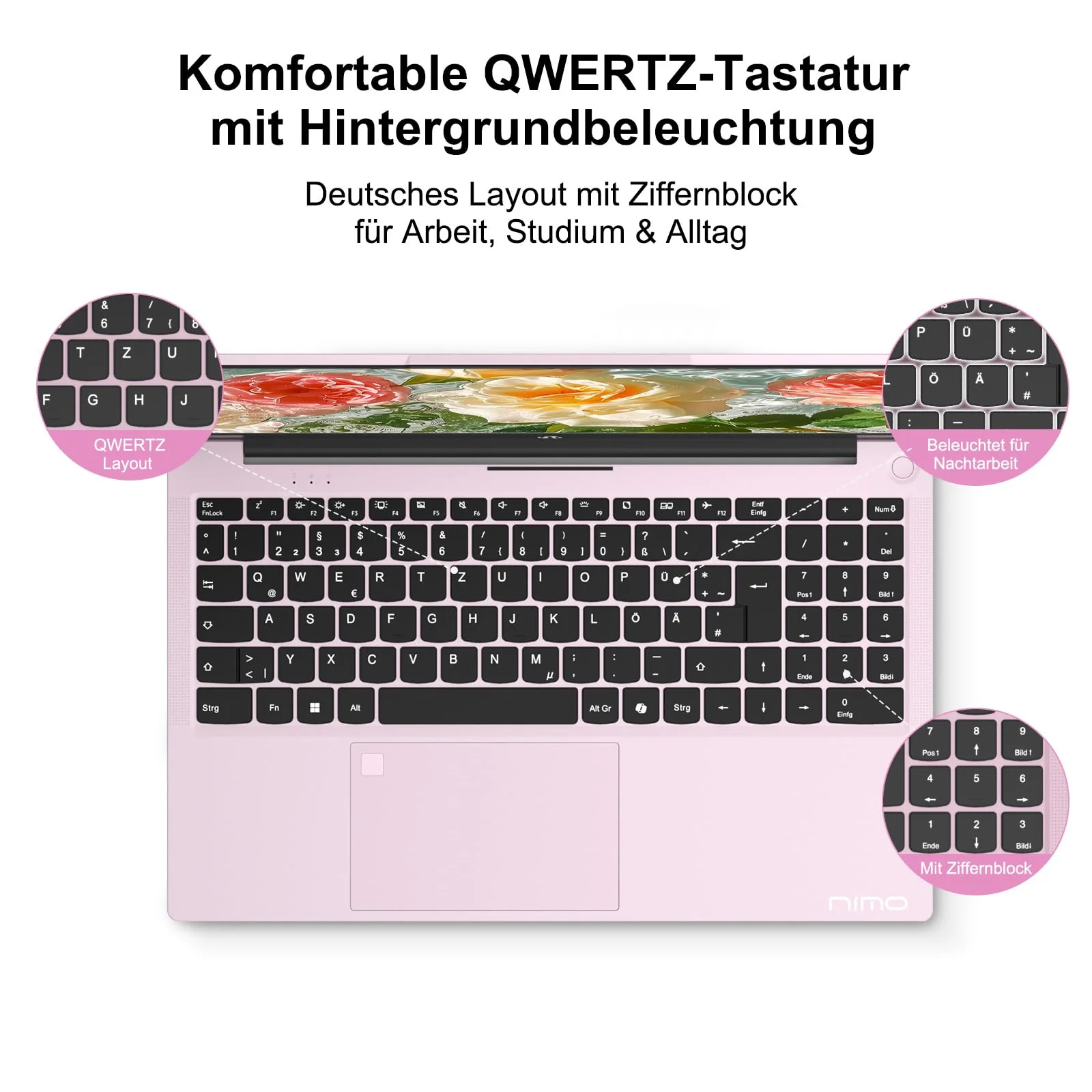 NIMO 15.6" Laptop FHD Computer Rosegold: 16GB RAM, 1TB SSD, Win 11 Home, Intel N100 bis 3,4GHz, WLAN-Konnektivität, Fingerabdruck, 65W PD, Hintergrundbeleuchtete Tastatur, Leicht & Stylisch - Image 9
