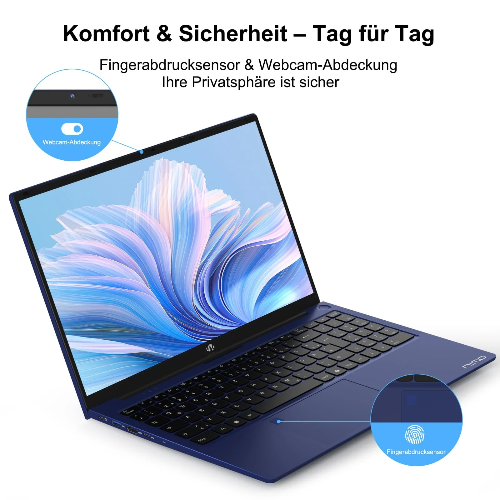 NIMO Laptop 15,6 Zoll Full HD: 16GB RAM, 1TB SSD, Intel N100, WLAN-Konnektivität, USB-C 65W, Fingerabdruck, Beleuchtete Tastatur, Leichter Computer für Arbeit & Studium, Blau - Image 5