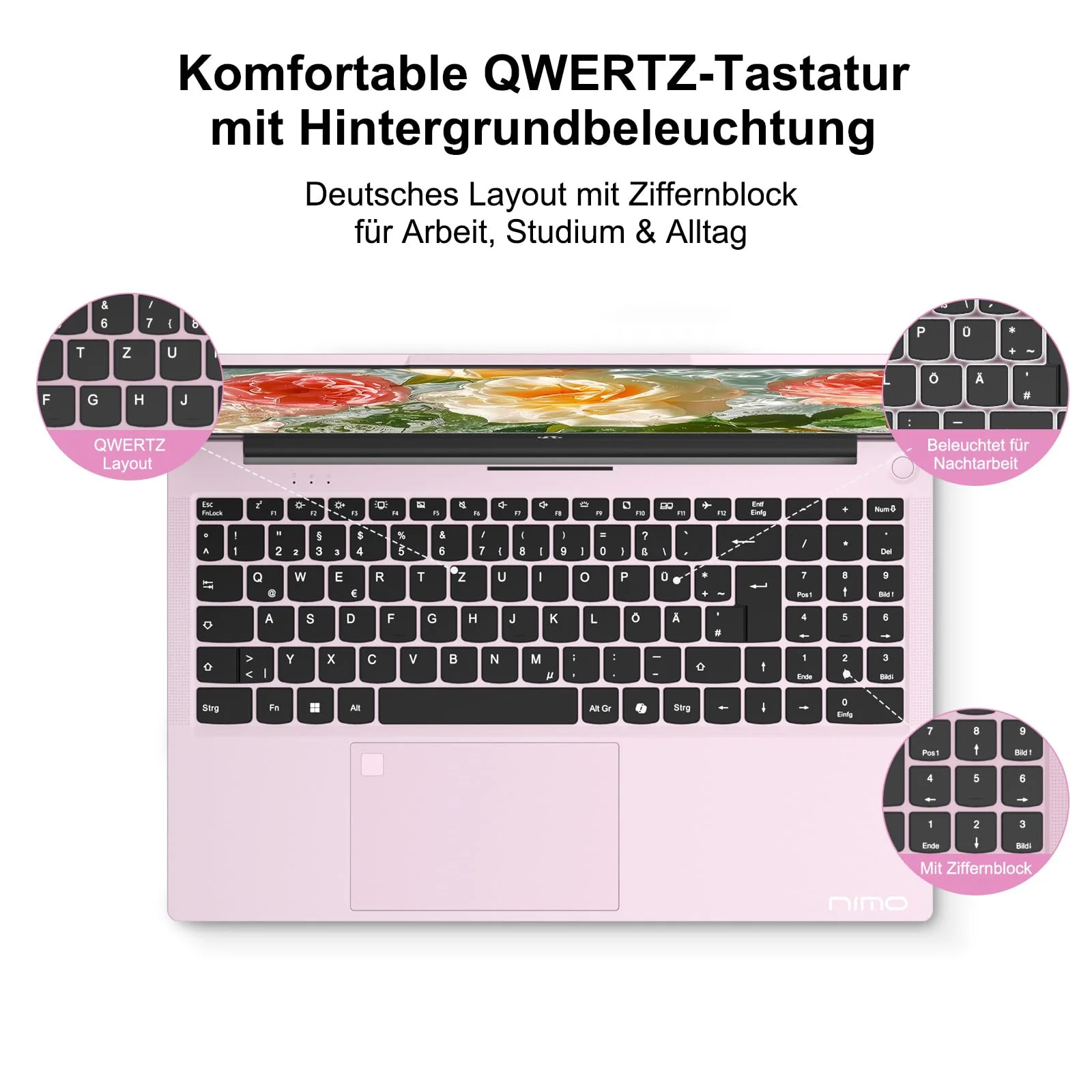 NIMO Roségold Laptop 15,6 Zoll Full HD: 16GB RAM, 1TB SSD, Intel N100, WLAN-Konnektivität, USB-C 65W, Fingerabdruck, Beleuchtete Tastatur, Leichter Computer für Arbeit & Studium - Image 10