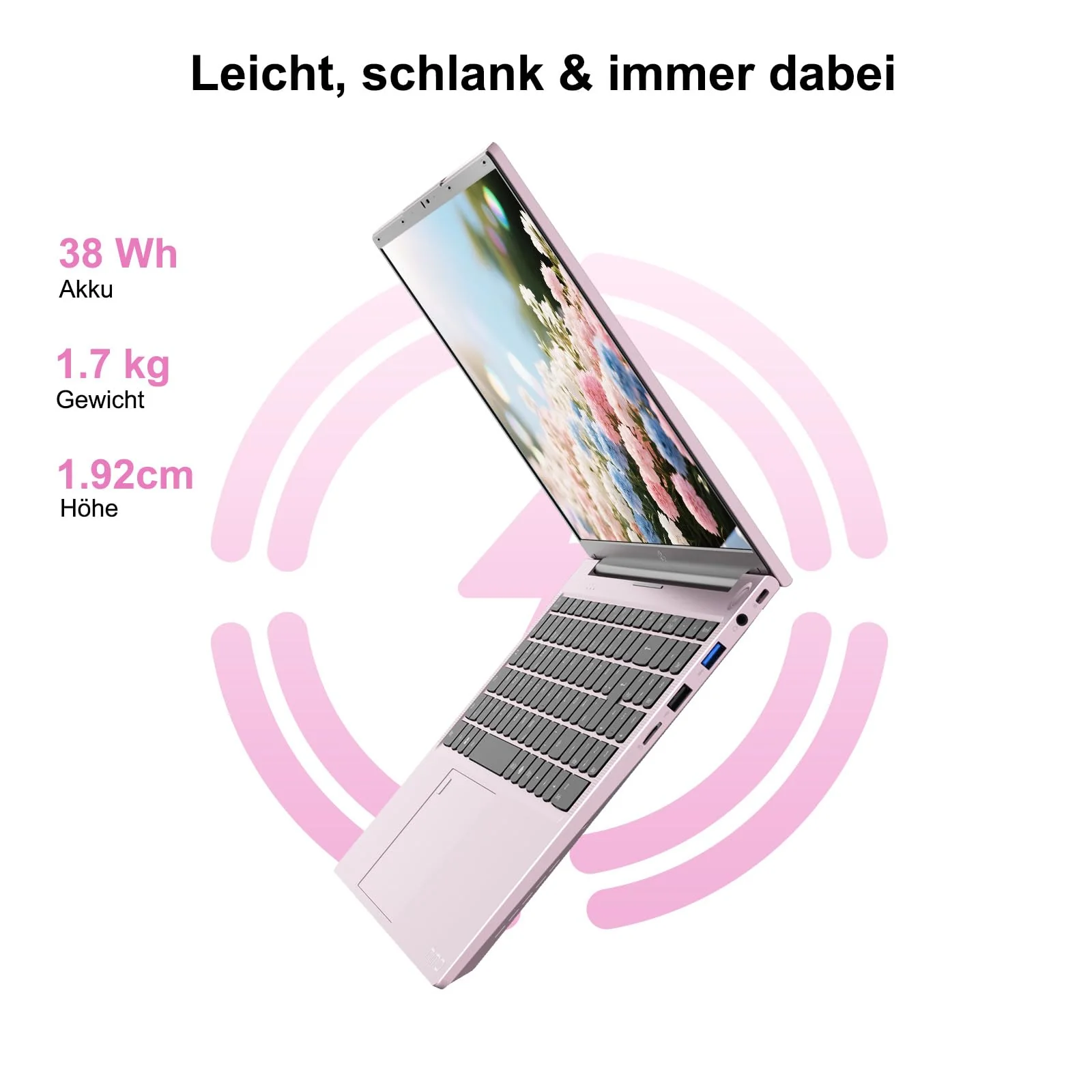 NIMO Roségold Laptop 15,6 Zoll Full HD: 16GB RAM, 1TB SSD, Intel N100, WLAN-Konnektivität, USB-C 65W, Fingerabdruck, Beleuchtete Tastatur, Leichter Computer für Arbeit & Studium - Image 5
